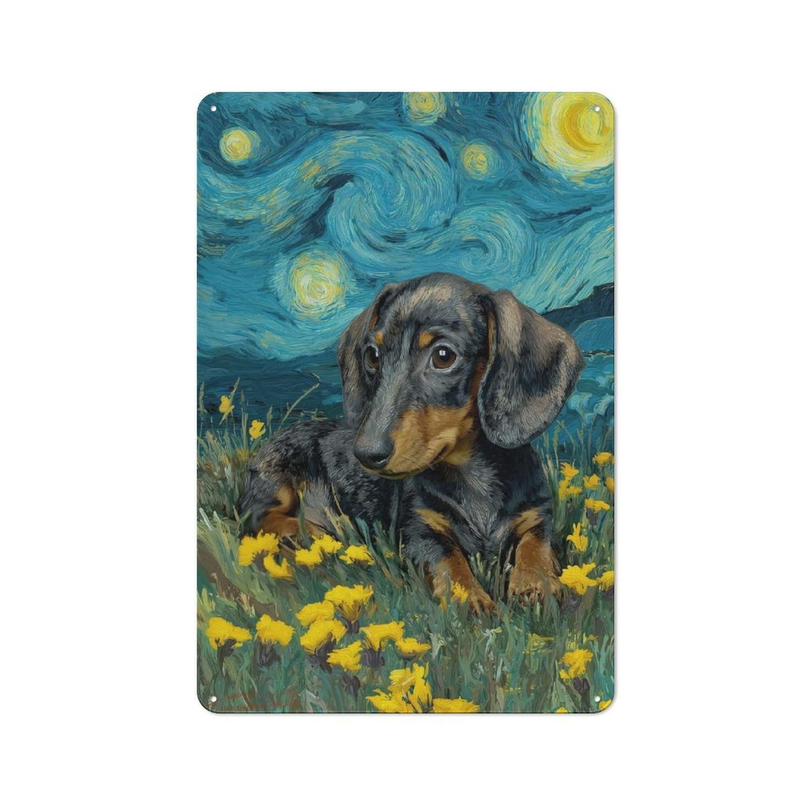 Junmoney Style-10 Dachshund Puppy In Starry Night Style Vintage Metal Sign 30X20cm For Hobby Room Or Studio, Housewarming Present For People Styling Hobby Room And Studio