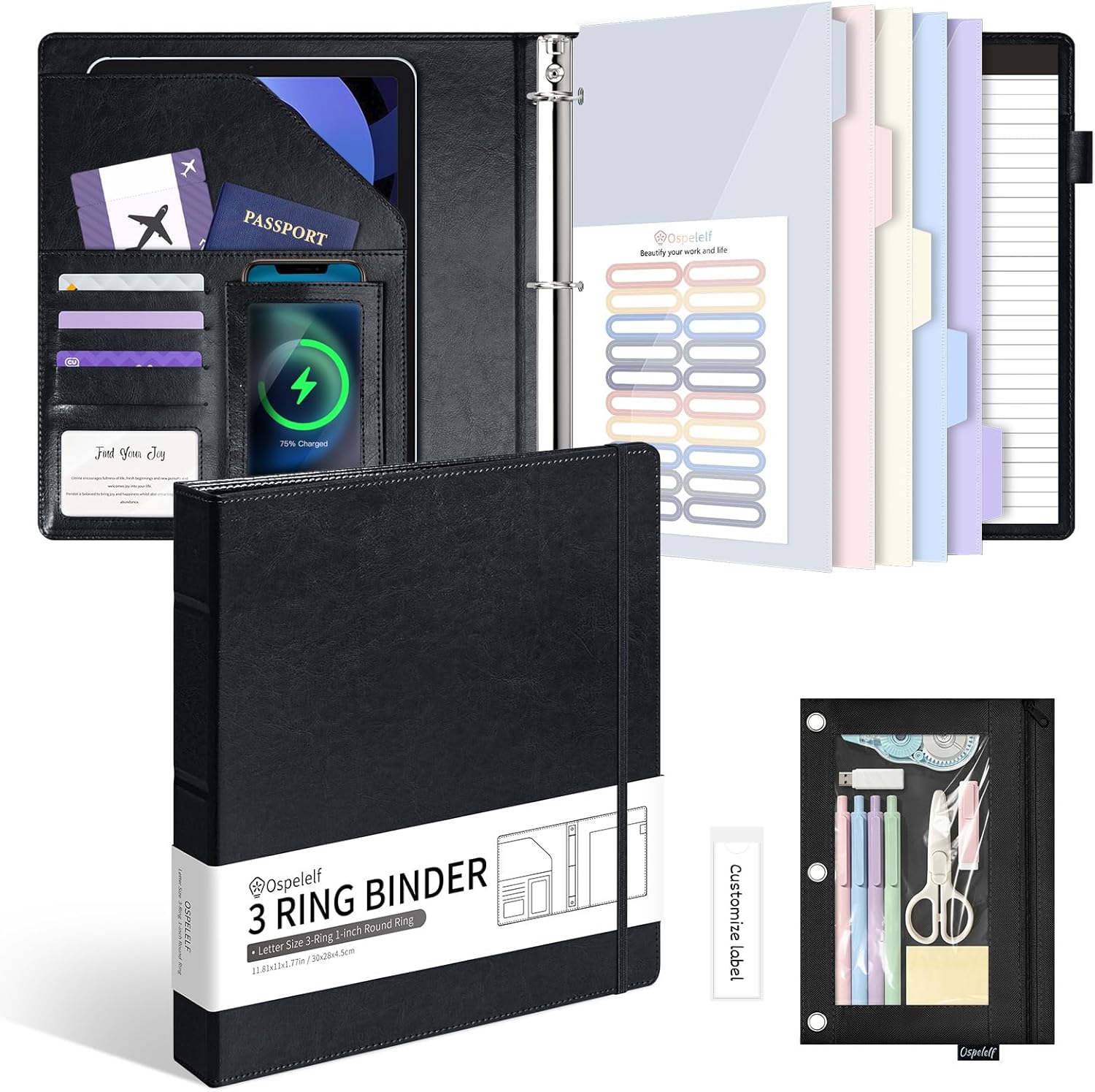 Ospelelf Leather 3 Ring Binder for Letter Size Documents with Pocketed Dividers, 1 Inch Round Rings, Holds 175 Sheets, Binders with Storage Bag & Notepad, for Office School Home Organization, Black