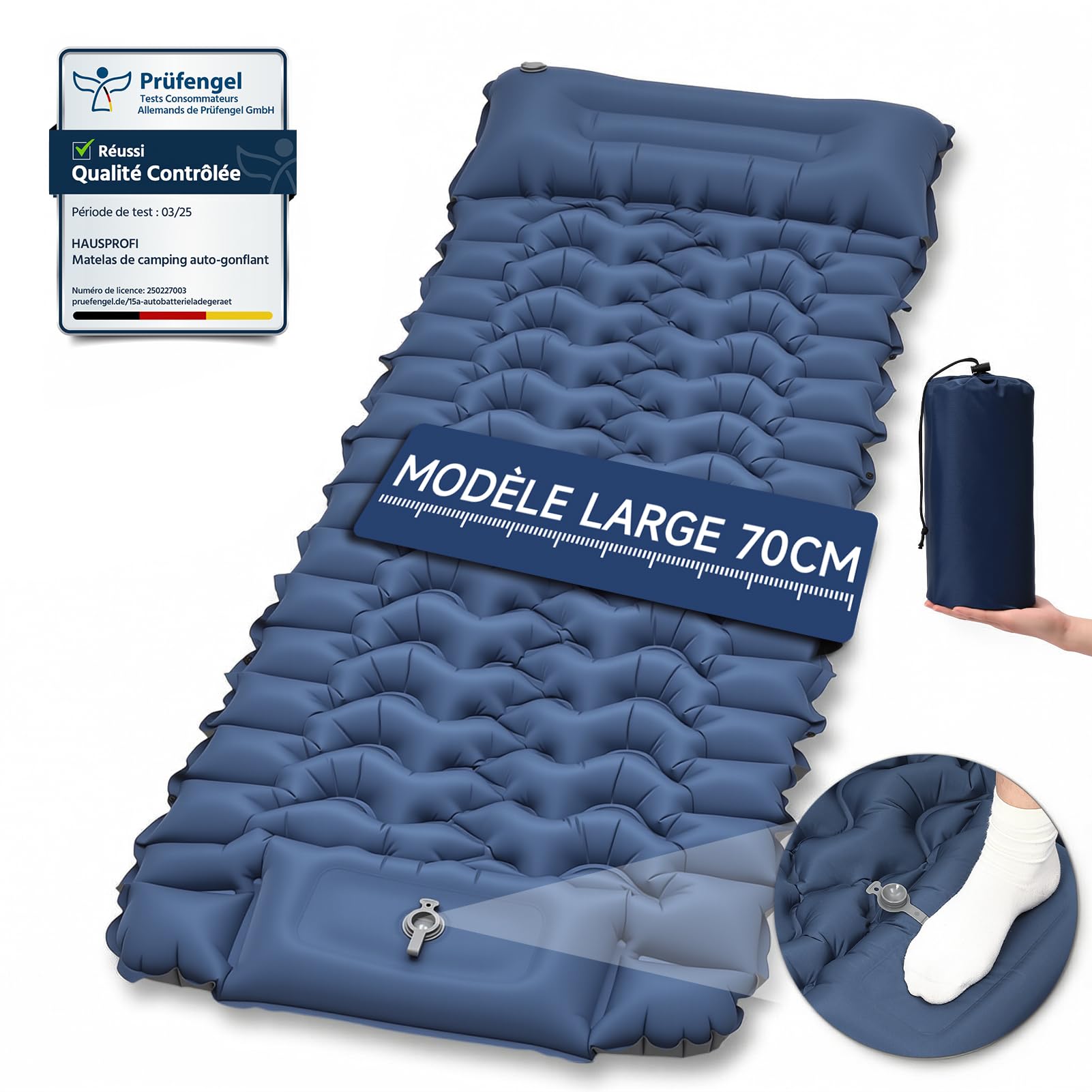 Tapis de Sol Camping 1 Place XL - Matelas Camping Ultra Léger 196x74x9 cm, TPU 40D résistant à l’Eau, Pompe à Pied, Oreiller et Housse intégrés - Idéal randonnée, Tente, Plage, Voyage (Bleu)