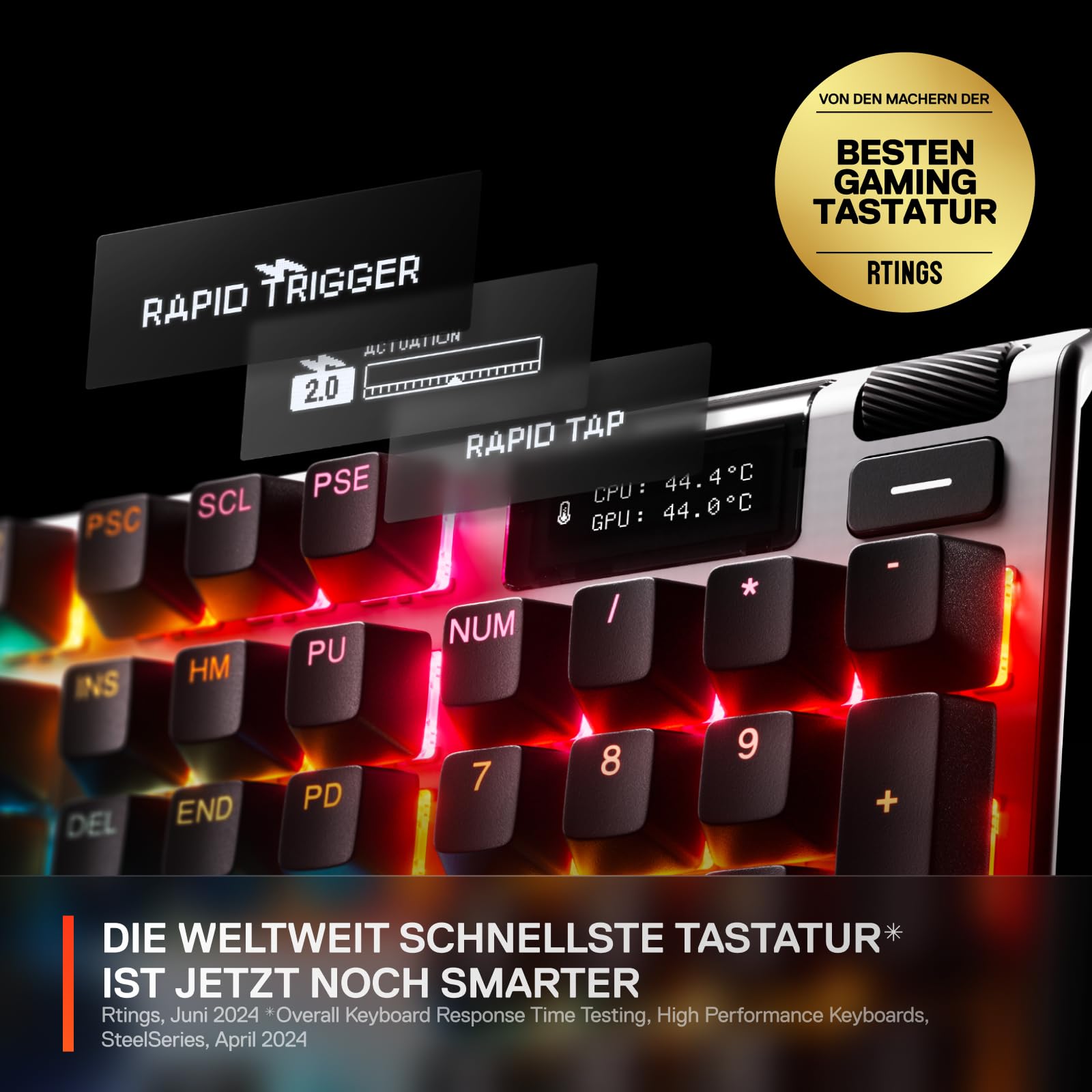 SteelSeries Apex Pro Gen 3 - Hipermagnetyczna klawiatura dla graczy - przełączniki OmniPoint 3.0 - Rapid Trigger - Ustawienia gier - Rapid Tap/SOCD - OLED - RGB - nakładki z PBT - DE Layout QWERTZ