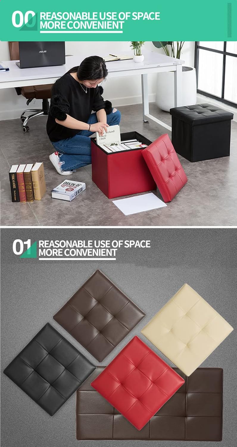 Storage Ottoman - Foldable Leather Footrest with Sponge Padded Seat - for Home, Bedroom, Or Living Room - 15 X 15 X 15 Inch,A