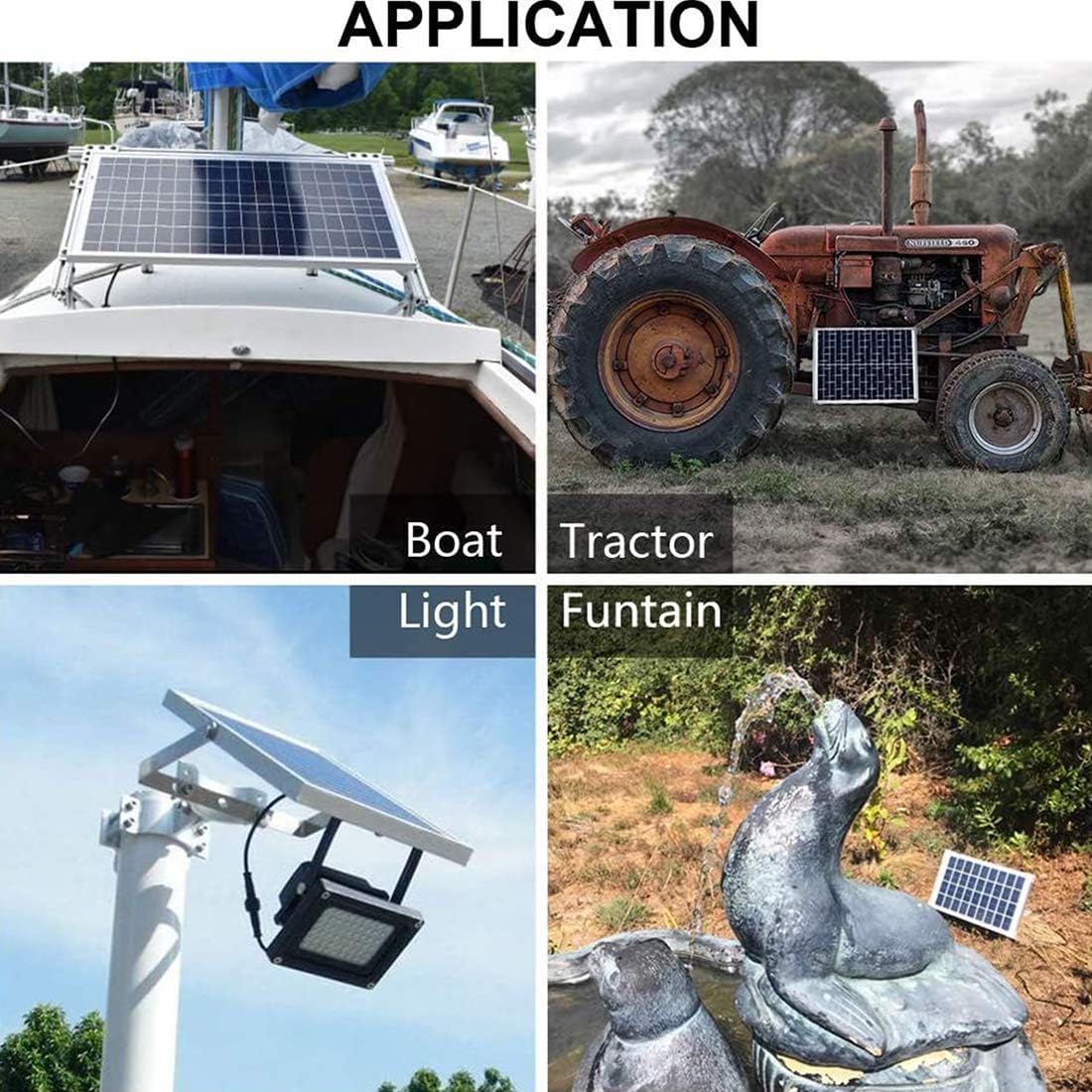 Collage of images showing the solar panel used in various settings: on a boat, on a tractor, powering an outdoor light, and near a garden fountain.