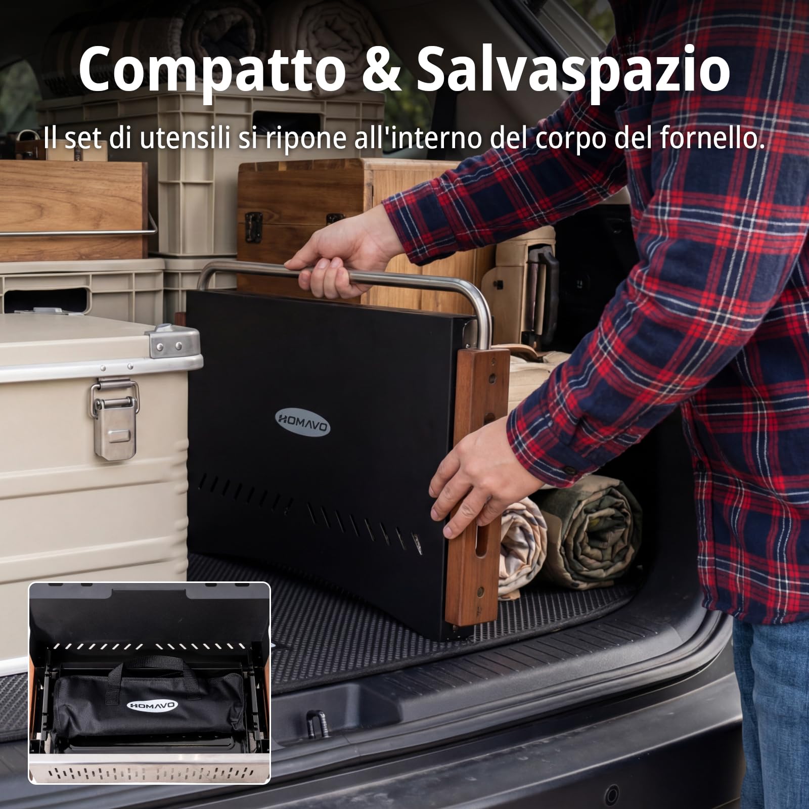 Barbecue a carbonella portatile con set utensili, griglia pieghevole 38,15 x 20,95 cm, montaggio senza attrezzi, regolabile 2 livelli, ideale balcone campeggio giardino