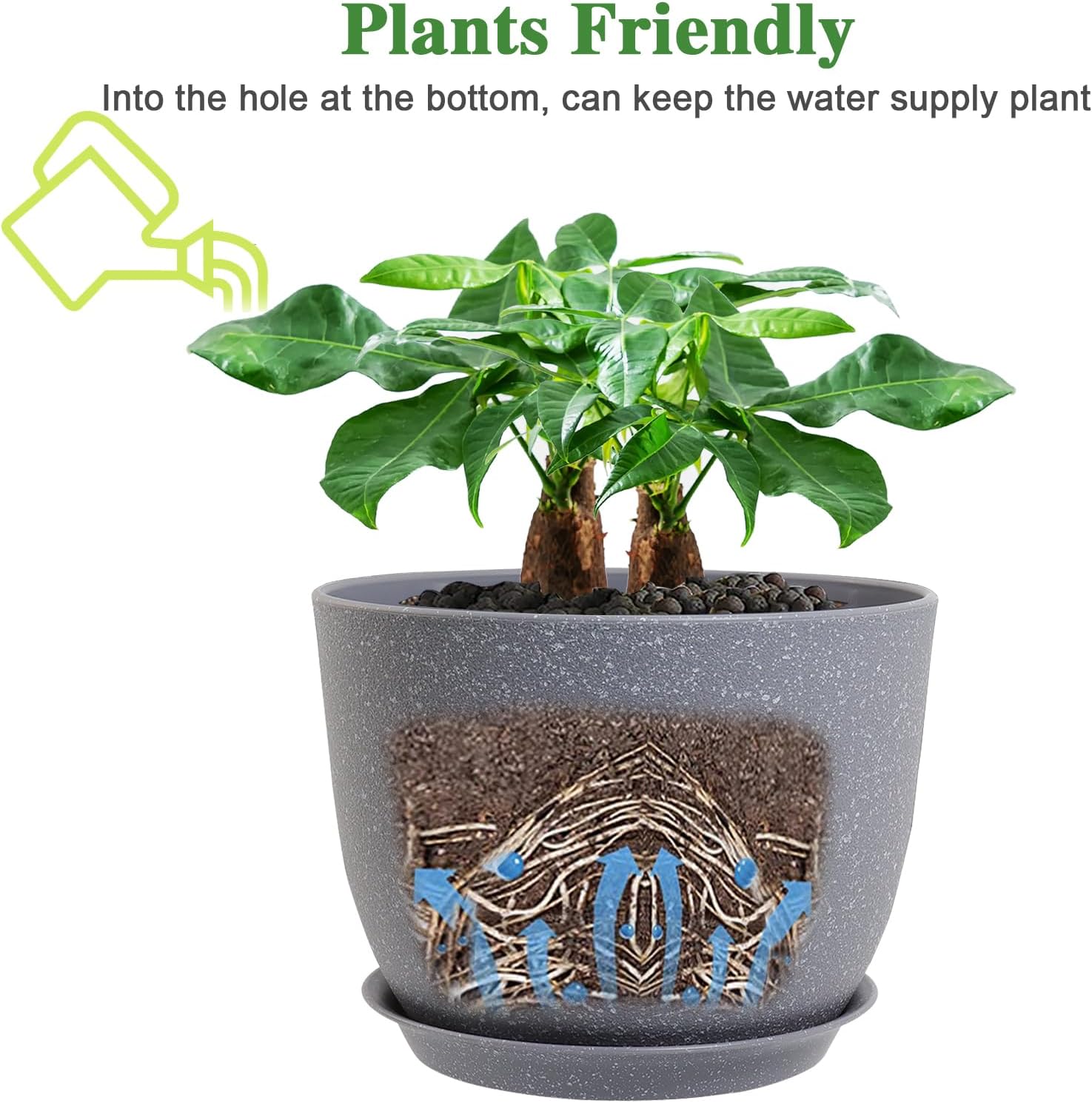 UOUZ 12/10/9 Large Modern Plant Pots, Plastic Planters with Drainage Holes and Saucers for Indoor Outdoor Plants Flowers, Grey Speckles