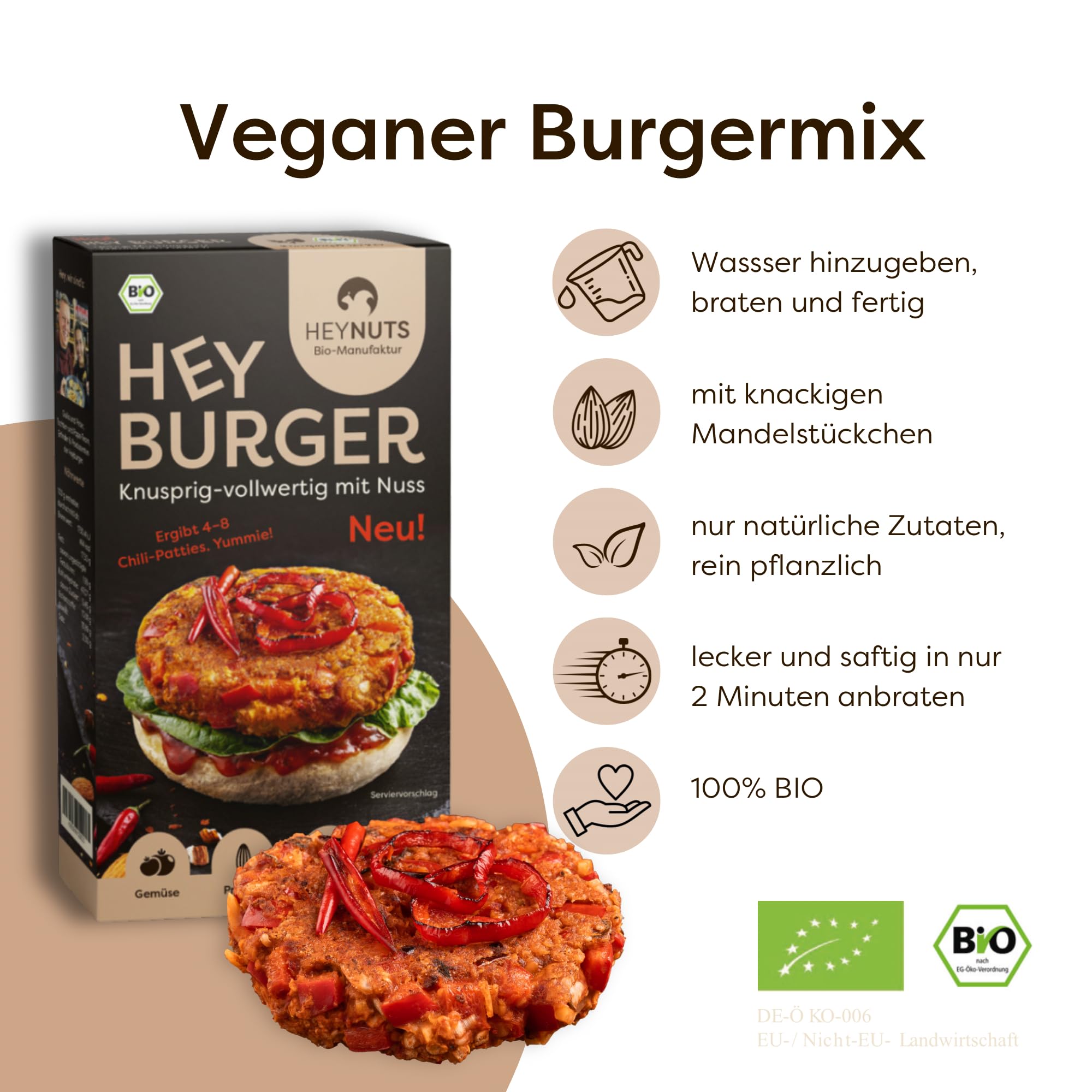 HEYBURGER hamburguesa vegana para verduras, sabor chilli, 100% natural, certificada orgánica, alto contenido de proteínas, fabricación - alto contenido de proteínas, orgánico, sin aditivos, delicioso