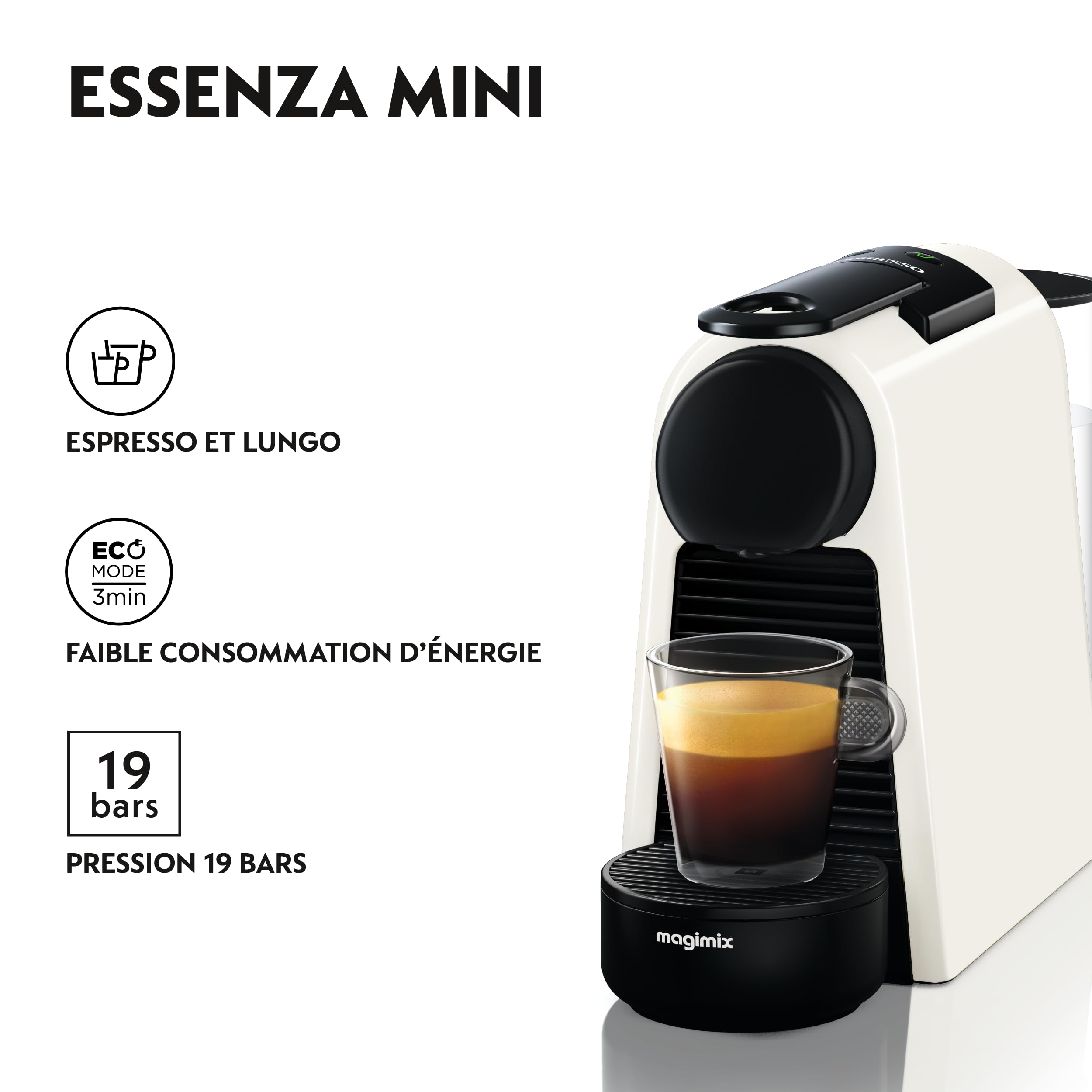 Nespresso Magimix Essenza - Mini Machine à Café Blanche - Avec 50 Capsules | Bundle avec Cafetière à Dosette Compacte et 50 Capsules Aluminium -Espressos - Extraction Haute Pression et Chauffe Rapide