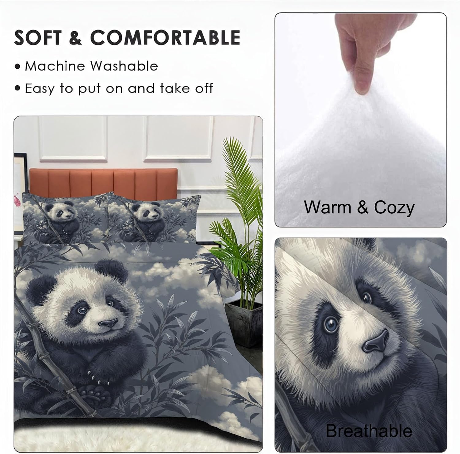 Cute Animals Comforter Set King Size, Playing with Panda Bamboo Print Breathable Bedding Set for Girls Boys Teens, Grey Quilt Duvet with 2 Pillow Cases