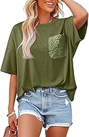 Dokotoo Women's Lace Pocket Oversized Short Sleeve Summer T-Shirt Casual Cute Top