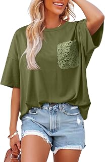 Dokotoo Women's Lace Pocket Oversized Short Sleeve Summer T-Shirt Casual Cute Top
