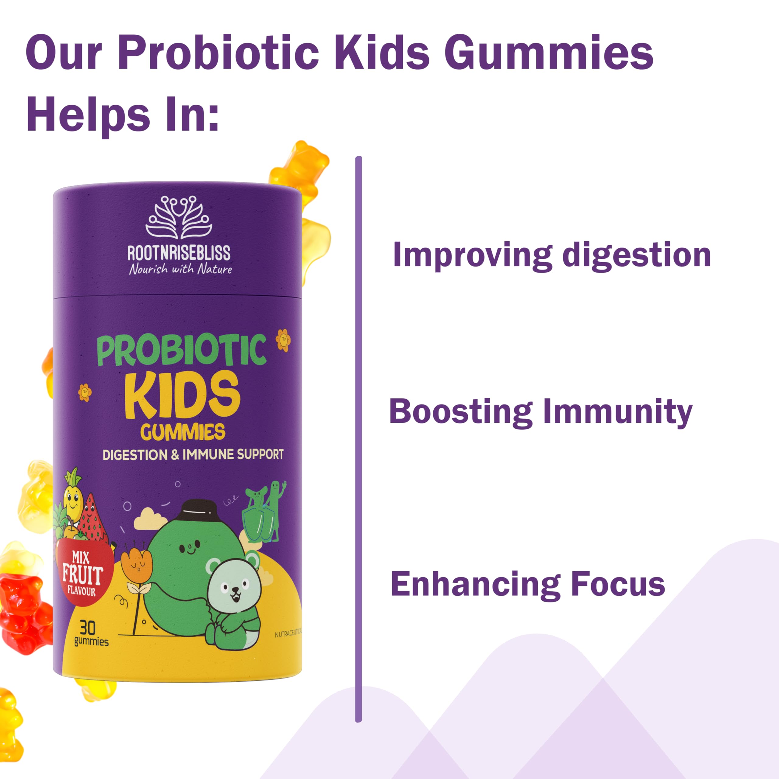 Probiotic Kids Gummies Mix Fruit Flavour 30 Vegan Gummies | With Bacillus Coagulans Bacillus Subtilis & Prebiotics | Gut Health Digestive Support | Immunity Support | Natural Probiotic Supplement — Amazon image 2