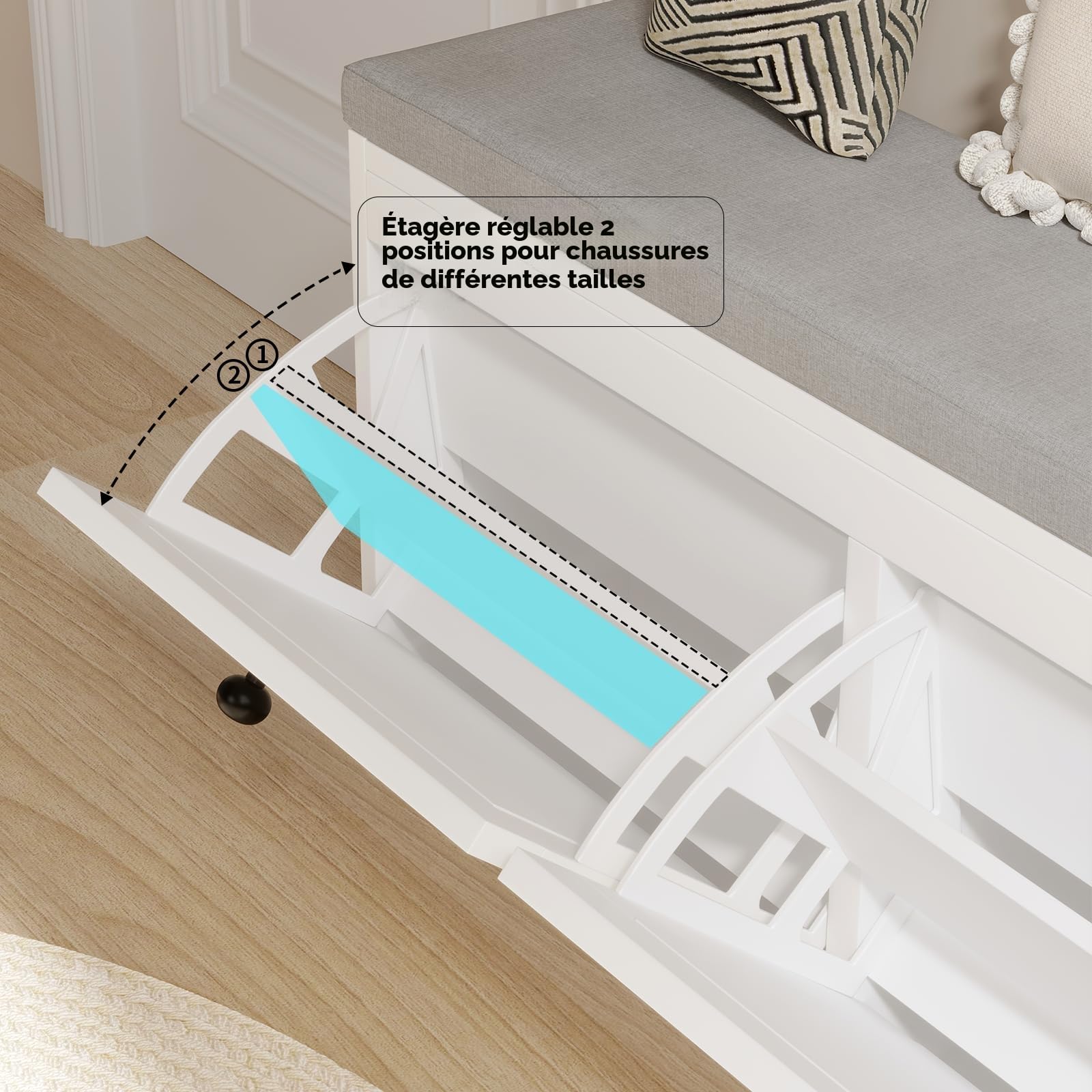 VOWNER Meuble Chaussures, Banc de Rangement à Chaussures, avec Coussin Confortable, Meuble d'entrée Rangement pour Chaussures, 106 x 31 x 52 cm, Séparateurs Réglables (Blanc)