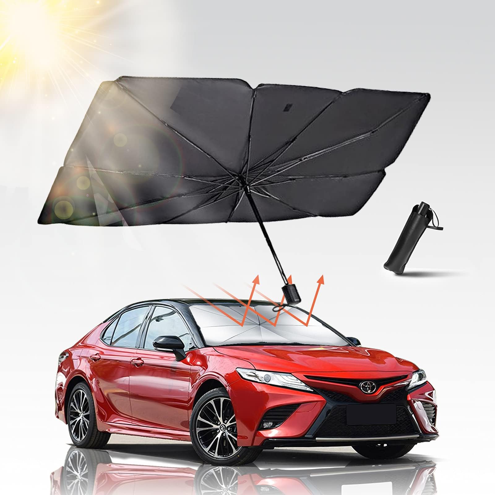 Car Windshield Sun Shade Umbrella, UV Reflecting Foldable Front Car Sunshade Umbrella, Easy to Use/Store Car Umbrella Protect Vehicle from UV Rays Sun and Heat, Fit Most Vehicle(55.1'' x 27.6'')
