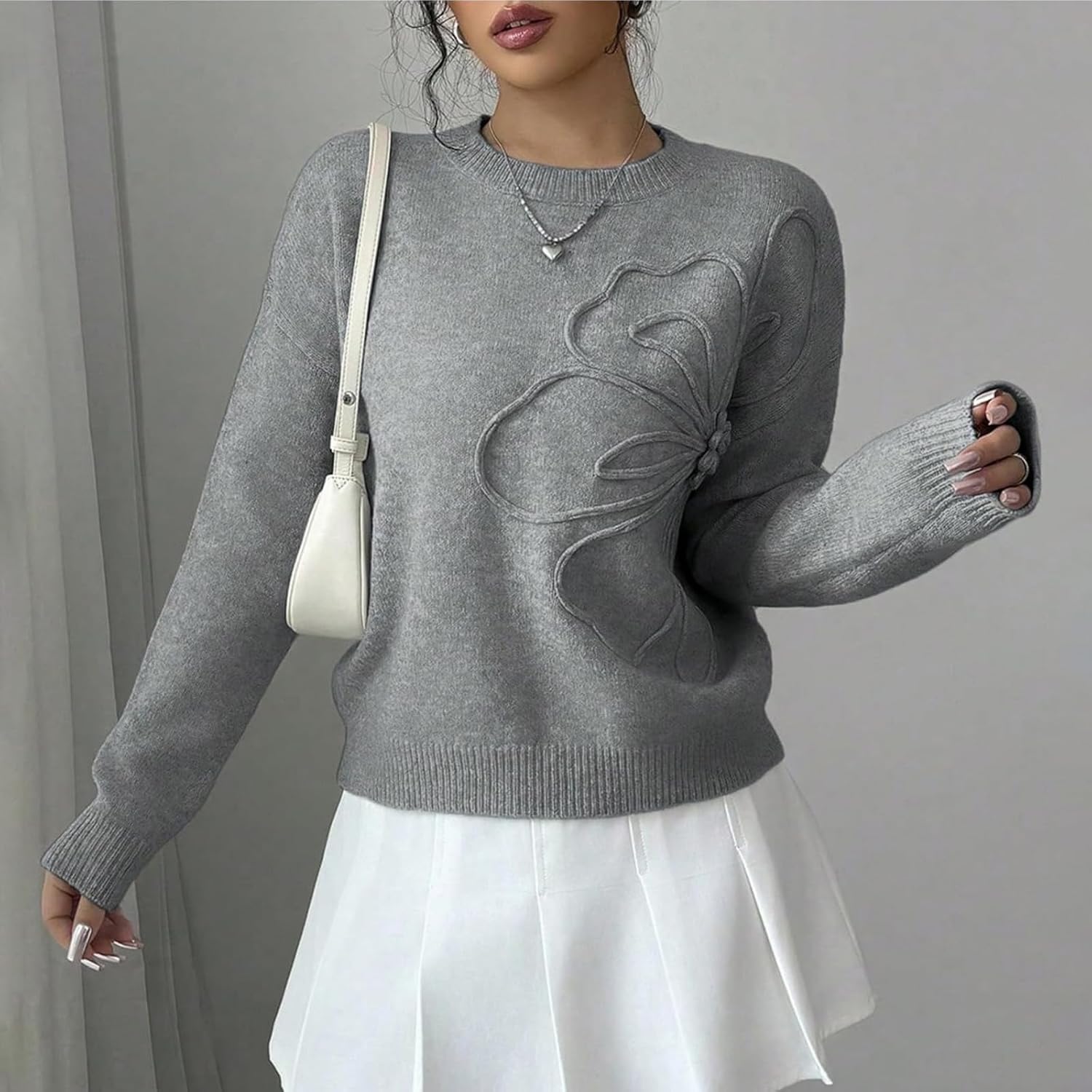 Women's 3D Floral Appliques Crewneck Sweaters Long Sleeve Drop Shoulder Pullovers Elegant Knit Tops - Image 4