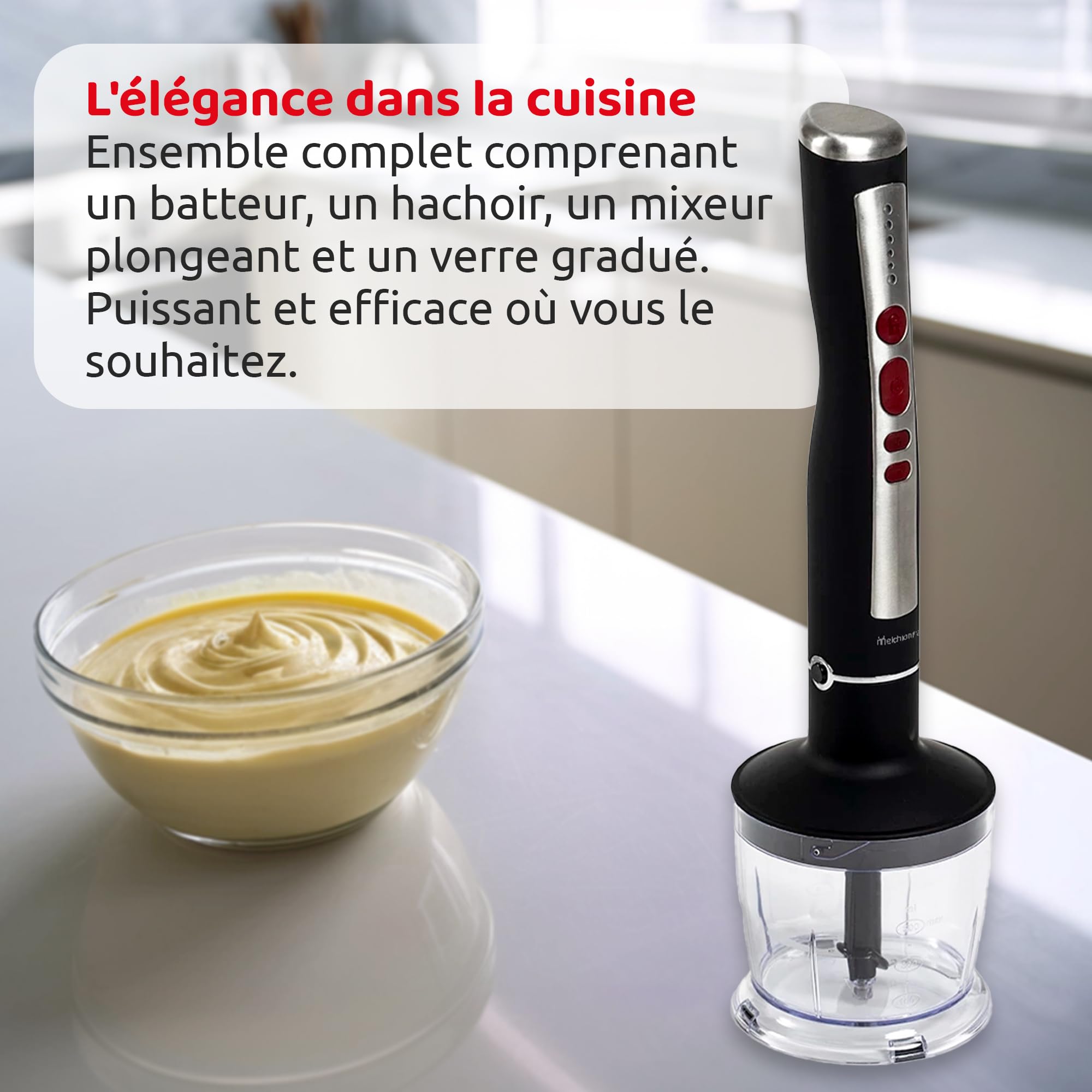 Melchioni Family | Mixeur Plongeant Sans Fil Rechargeable, Ensemble avec Batteur, Hachoir, Mixeur et Verre Gradué de 600 ml, Modèle ZOE, Couleur Noire
