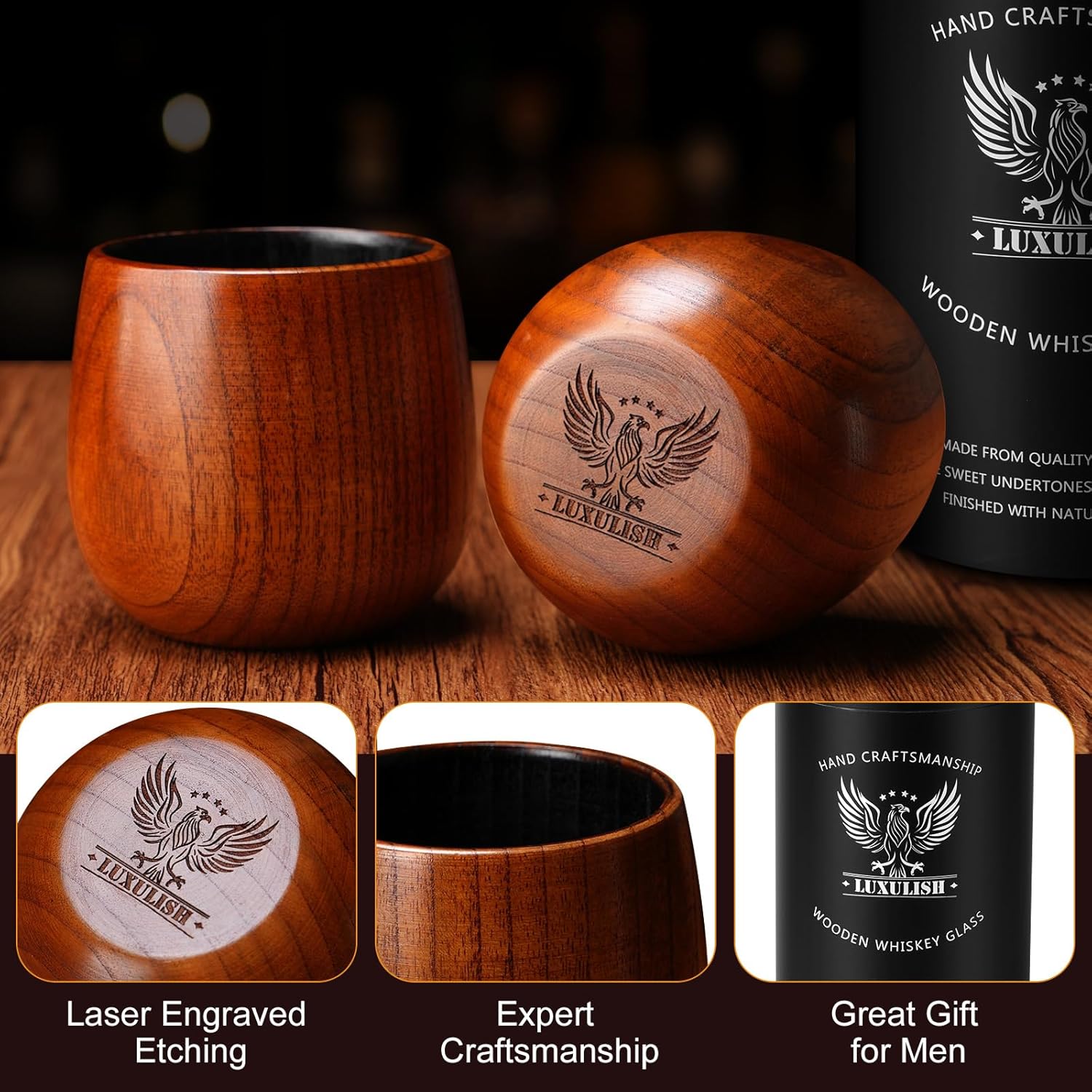 10Oz Large Charred Wooden Bourbon Drinking Glass, Include 3 Ice Whiskey Rocks, The Original Wood Whiskey Cup, Old Fashioned Drink Tumblers, Gift for Men, Dad, Husband, Brother, Friends