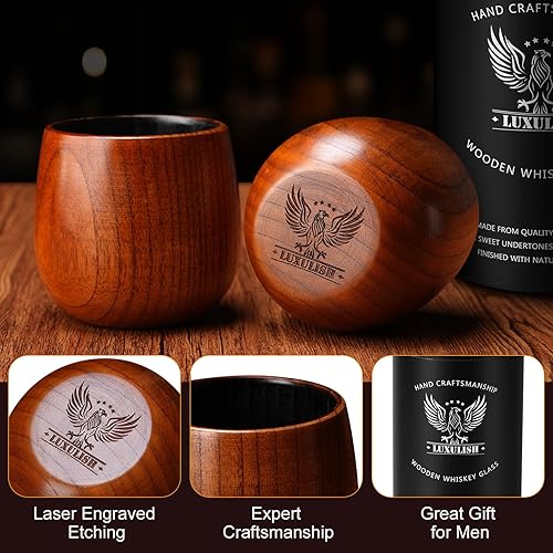 Miniatura 5 de Vaso de bourbon de madera carbonizada grande de 10 onzas, incluye 3 rocas de whisky de hielo, la taza de whisky de madera original, vasos de bebida
