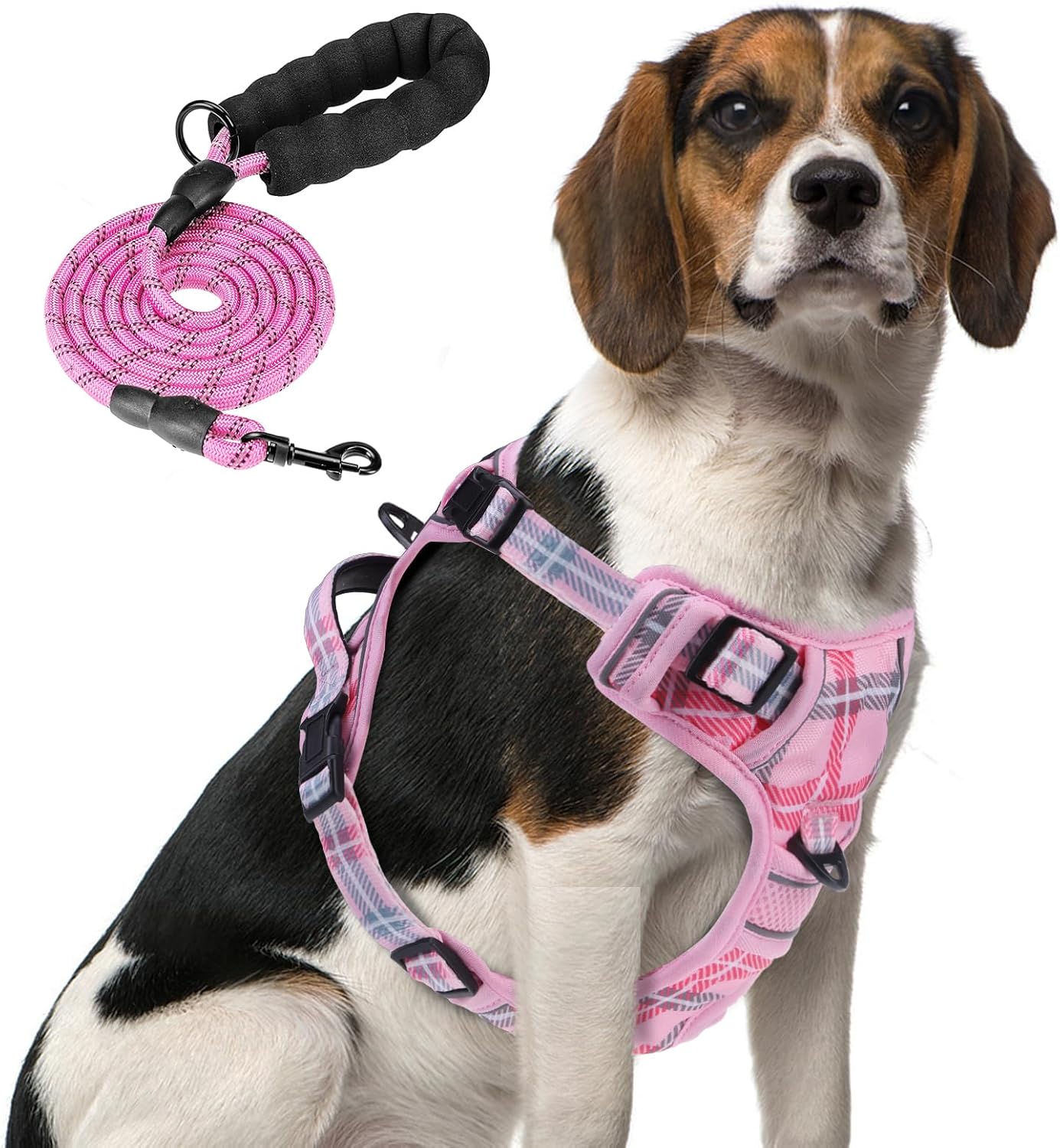 PUPTECK No Pull Dog Harness Medium Sized, Adjustable Reflective Dog Harness with Handle Easy Control, Comfortable Soft Padded Pet Vest Harness for Medium Dogs, Plaid Pink M