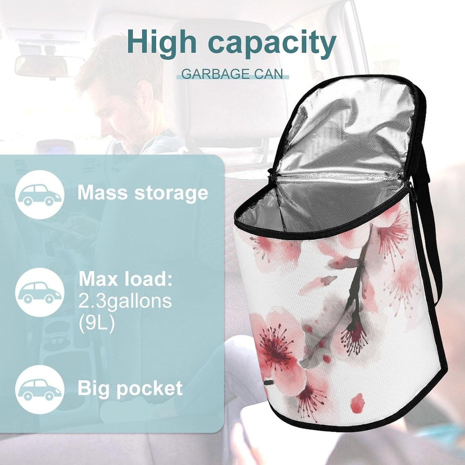 Hanging Car Trash Bag Pink Cherry Florals Printed Car Garbage Storage Bag Leakproof Car Trash Can Portable Garbage Storage Bags