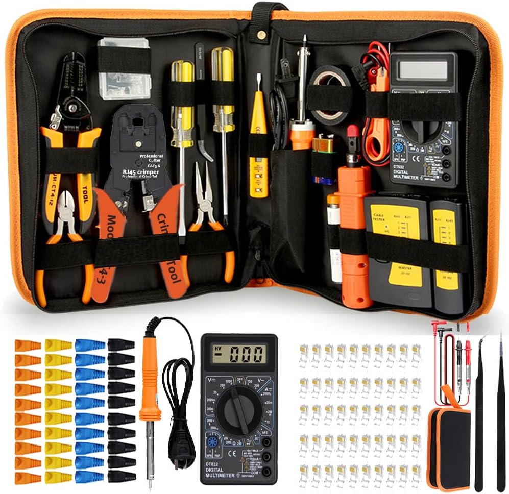 LEATBUY Network Crimp Tool Set RJ45 for RJ11/RJ12 Pass Through Cat5/Cat5e/Cat6 Crimping Tool for Regular End-Pass-Through with 50PCS Connectors, 50PCS Covers Wire Stripper Kit (YELLOW)