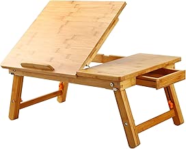 Laptop Desk Nnewvante Table Adjustable 100% Bamboo Foldable Breakfast Serving Bed Tray w' Tilting Top Drawer