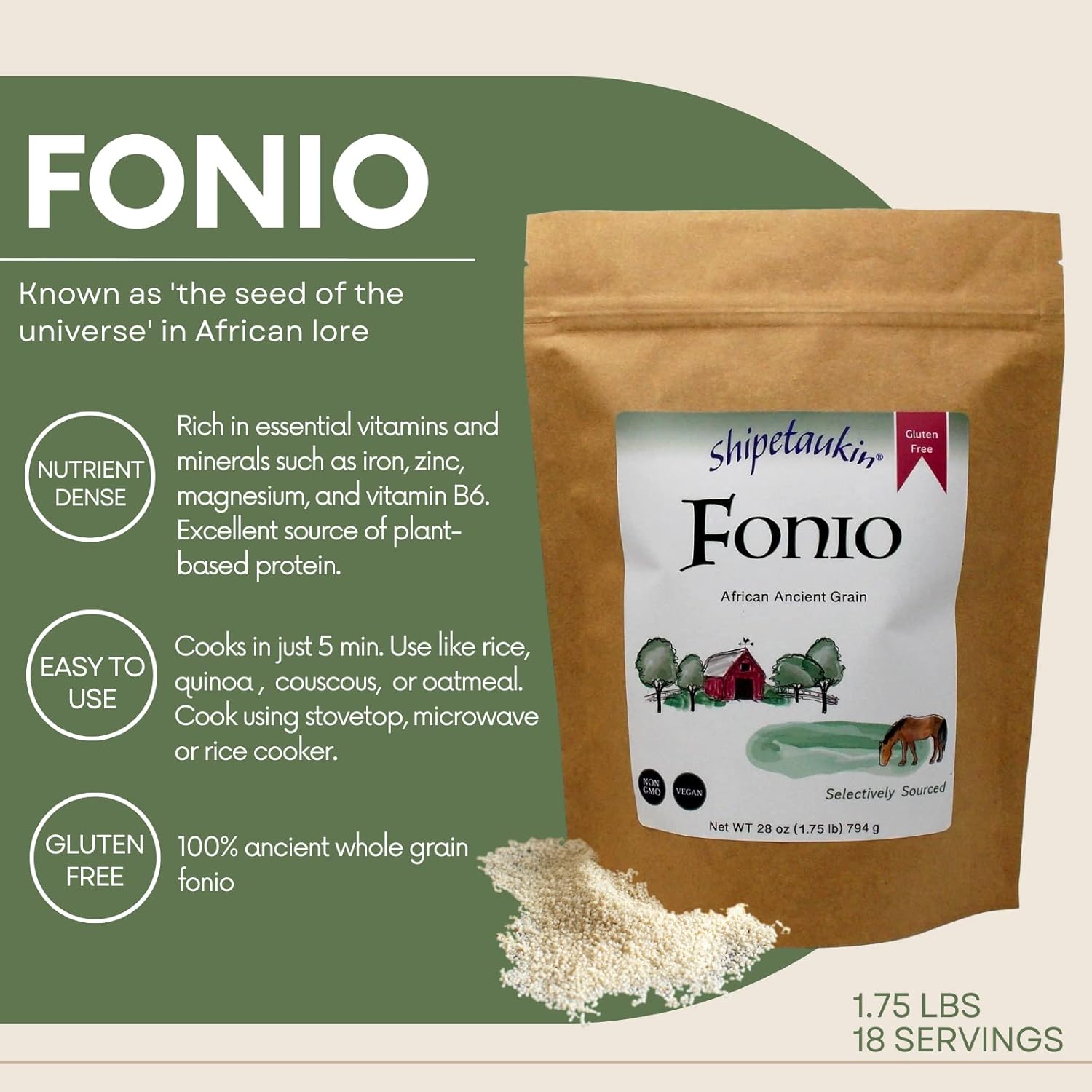 Shipetaukin Fonio African Supergrain: A Quick Cooking Whole Grain - Gluten Free - Vegan - Non GMO - Substitute for Bulgur, Rice, Couscous, Quinoa (28 Ounces)