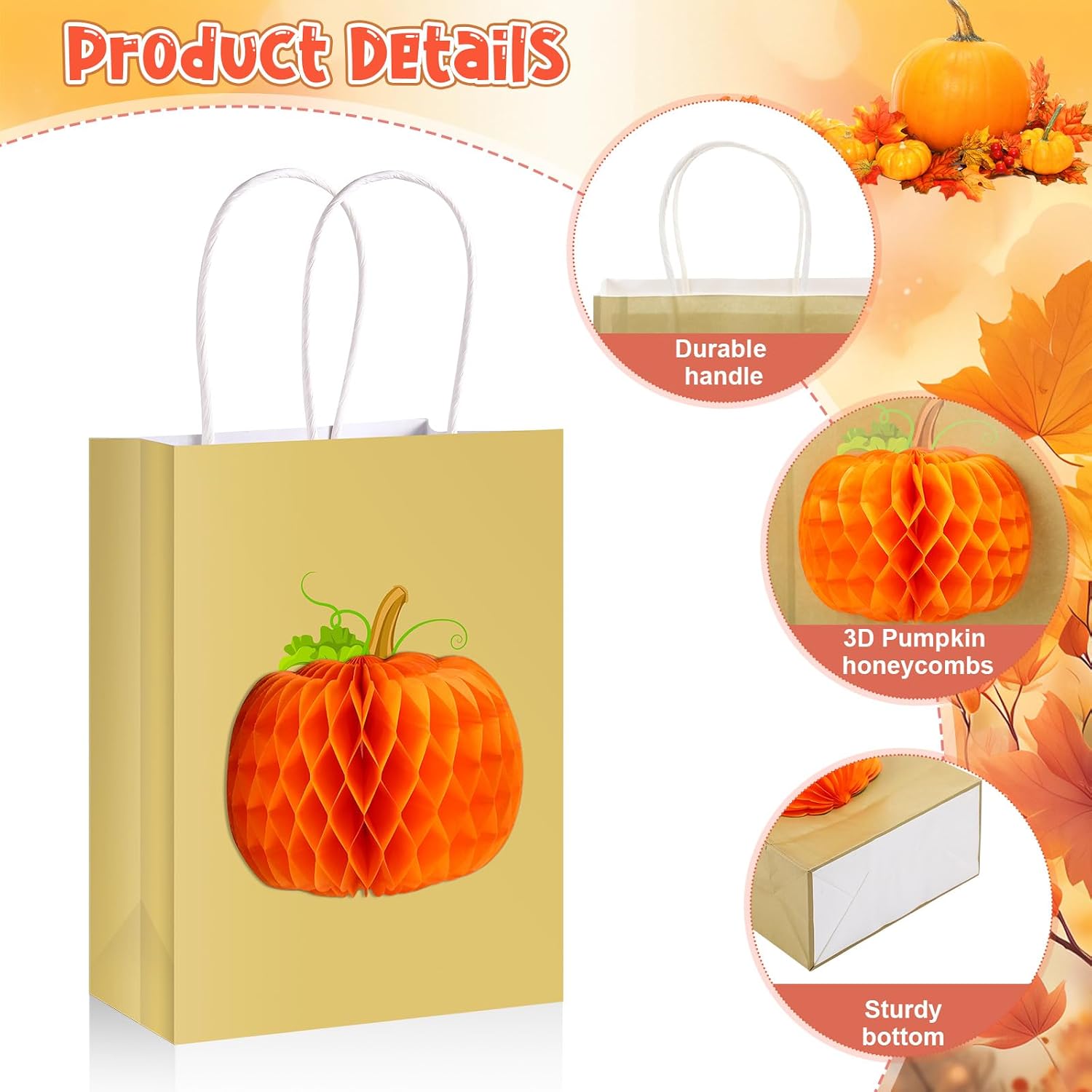 Blosssound 18 Pcs Fall Pumpkin Gift Bags with Handles Paper, Pumpkin image 3