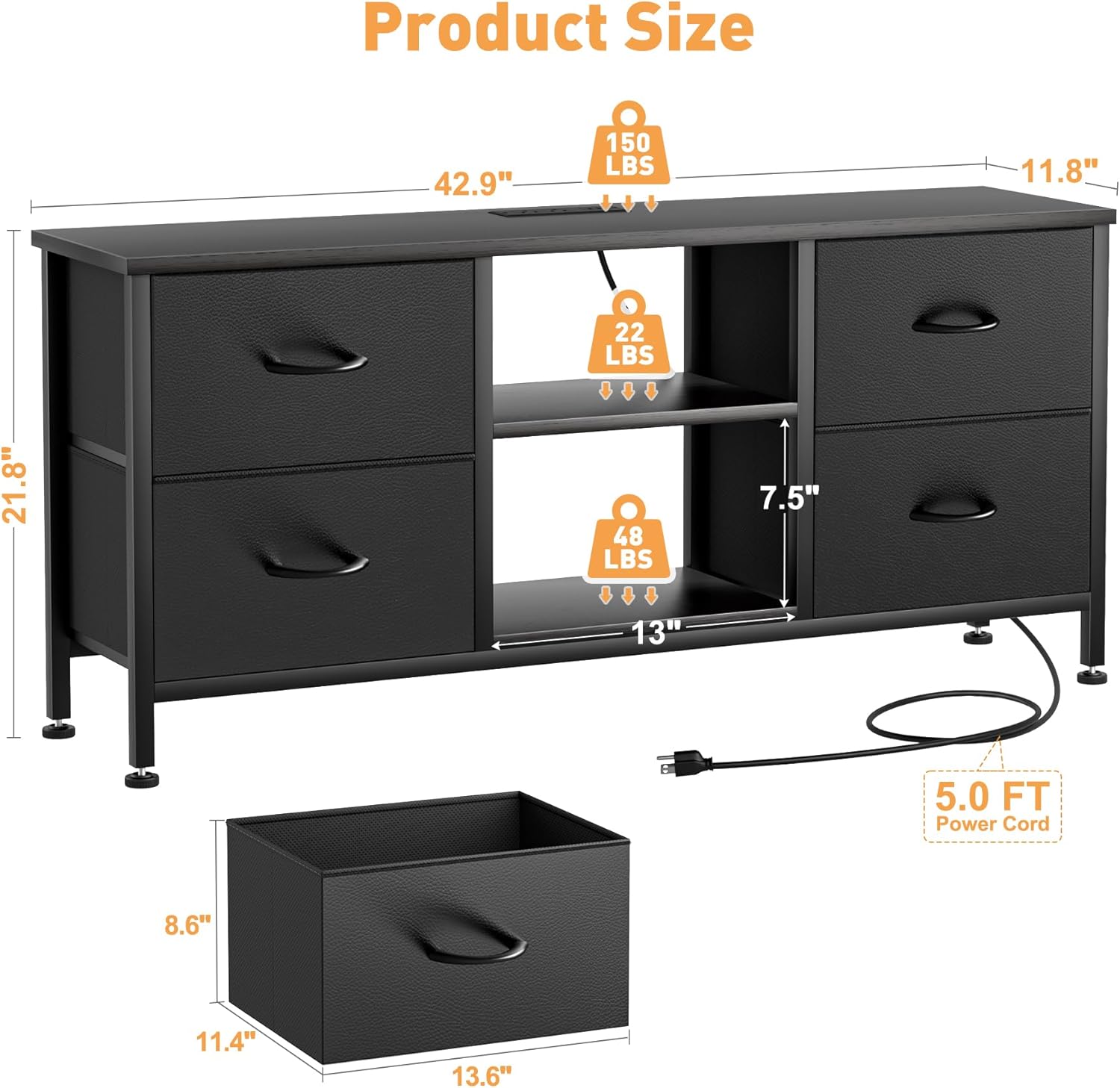 YaFiti TV Stand for Bedroom, Dresser TV Stand with 4 PU Drawers & Open Shelves for 50" TV, Entertainment Center with Power Outlet, Dresser for Bedroom, Living Room, Entryway, Black