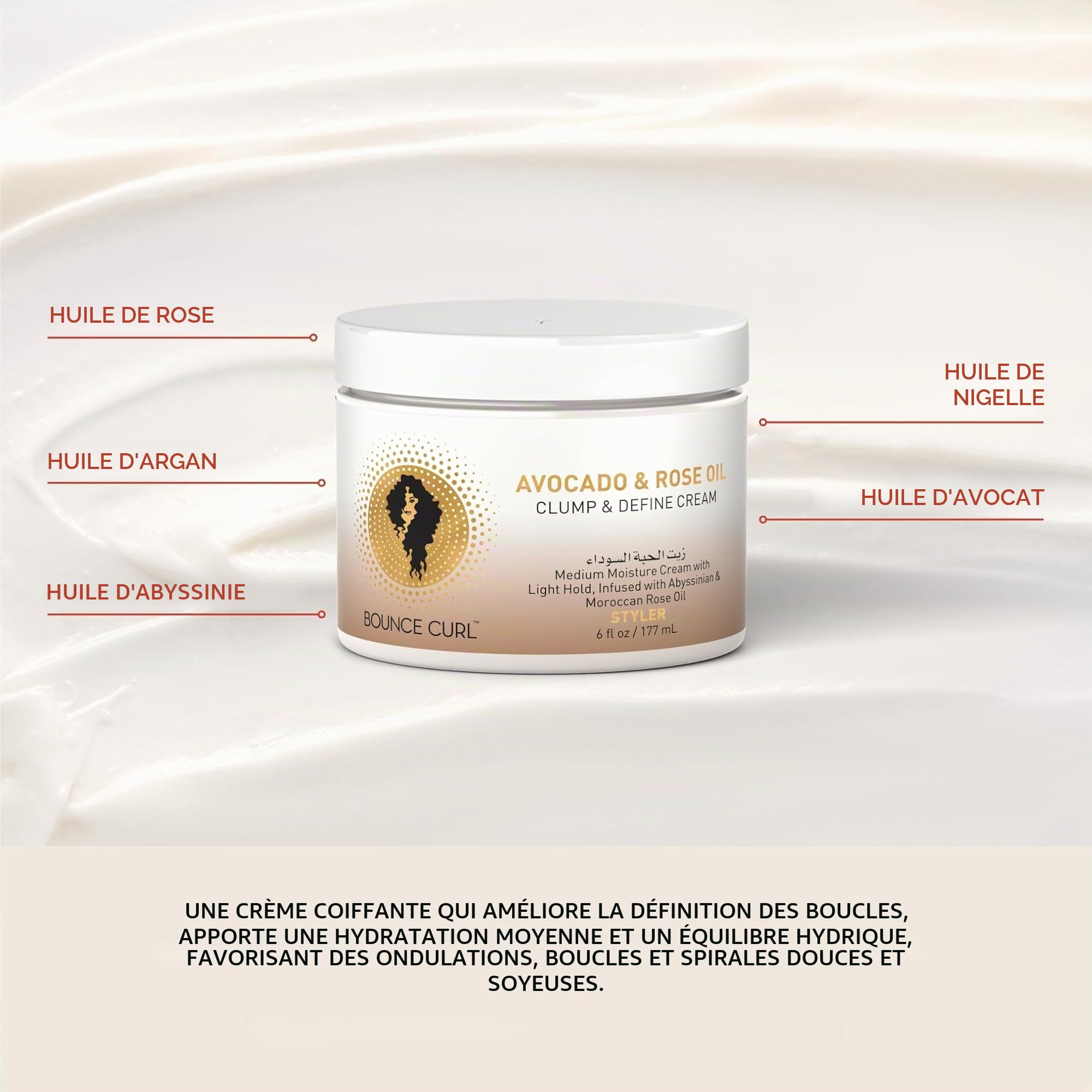 Bounce Curl Avocado & Rose Oil Clump & Define Cream | Curly Hair Moisturising Leave-in Define Cream | 177ml