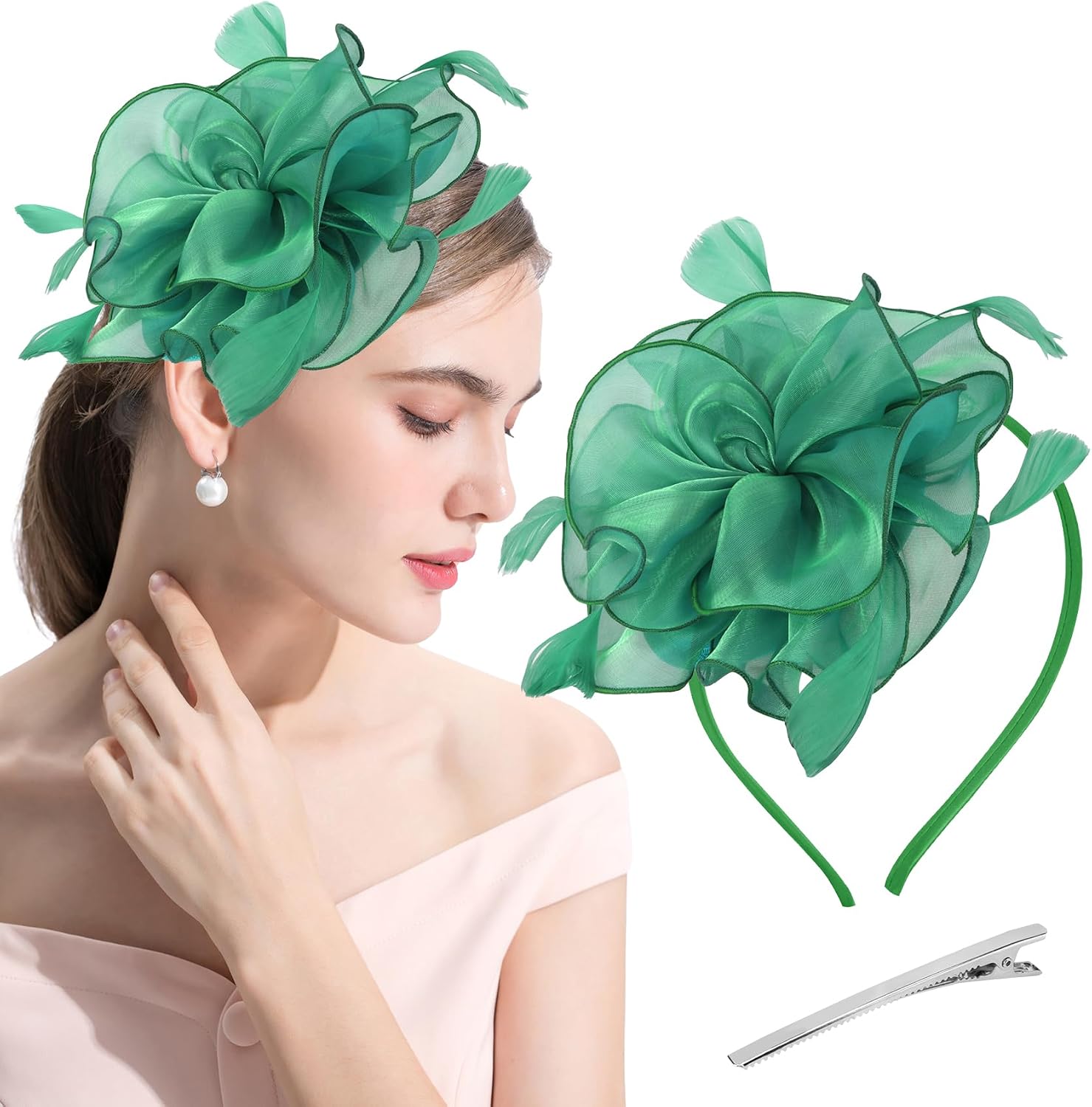Fascinators Hat Flower Mesh Multi Color Feathers Ribbons on Headband and Clip Tea Party Headwear for Girls Women