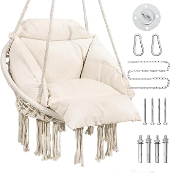 KROFEM Hammock Chair Swing Chair with Boho Oversized Cushion, Macrame Hanging Chair for Bedroom, Indoor, Outdoor, Balcony, Porch, Beige