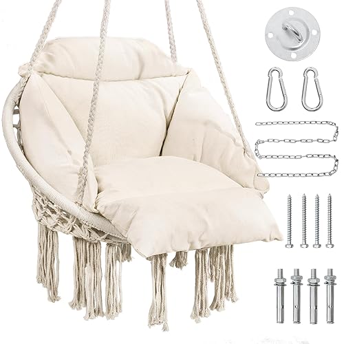 KROFEM Macrame Hammock Hanging Swinging Chair with Oversized Cushion, Perfect for Bedroom, Porch, Kids, Adults, Balcony, Beige - Ordinary Style2-beige