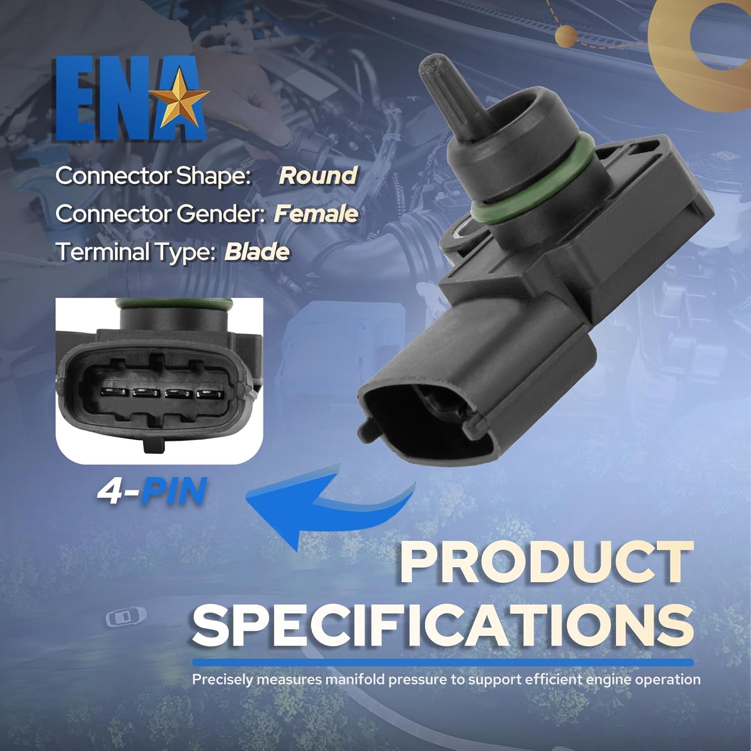 ENA Manifold Absolute Pressure Sensor Compatible with 2000 2001 2002 2003 2004-2012 Hyundai Kia Dodge Accent Elantra Tiburon Tucson Rio Rio5 Soul Atos Attitude Verna Replacement for Sportage AS196