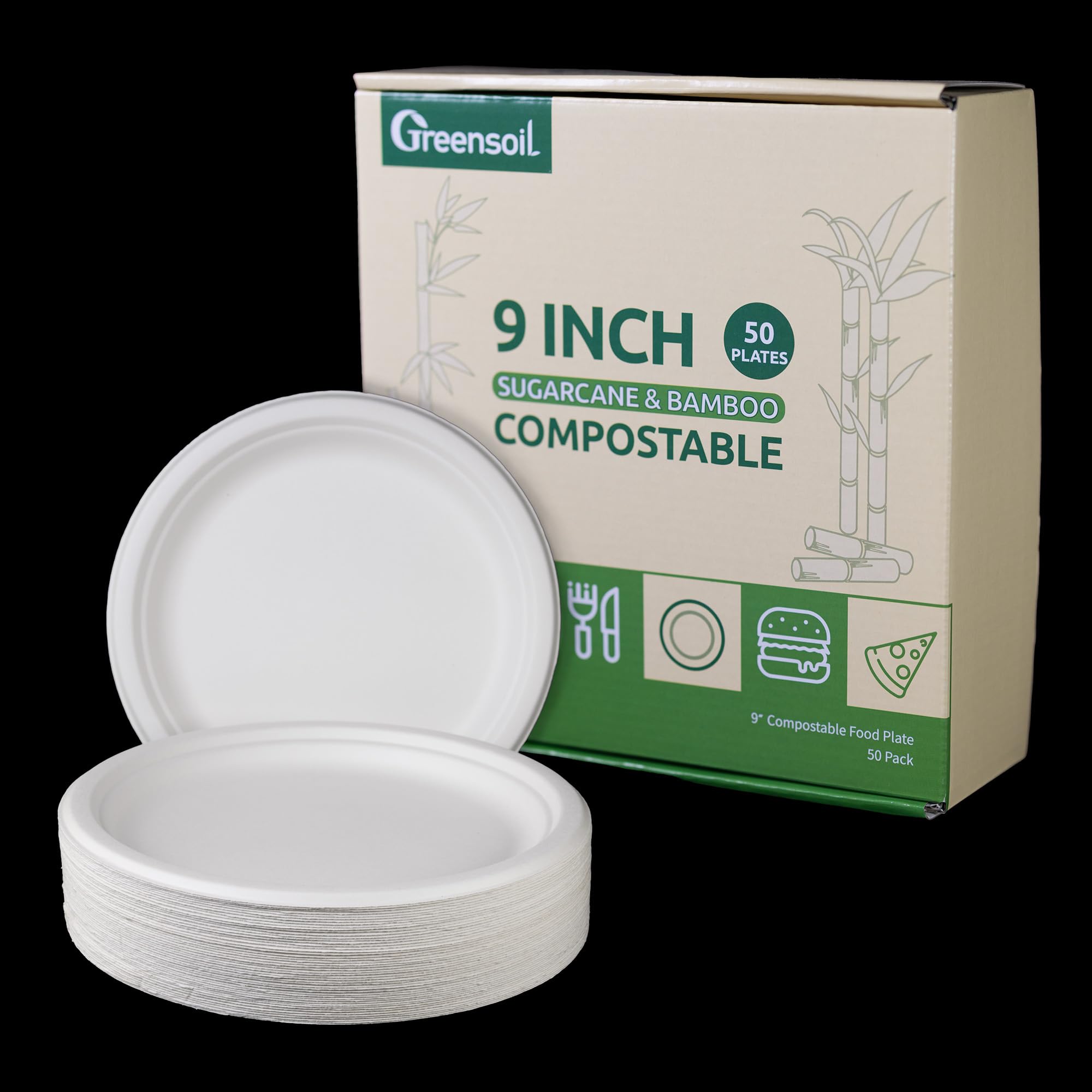Greensoil Plato compostable de 9 pulgadas, paquete de 50 platos de papel gruesos, resistentes y duraderos, aptos para microondas y congelador, material biodegradable de caña de azúcar y bambú,