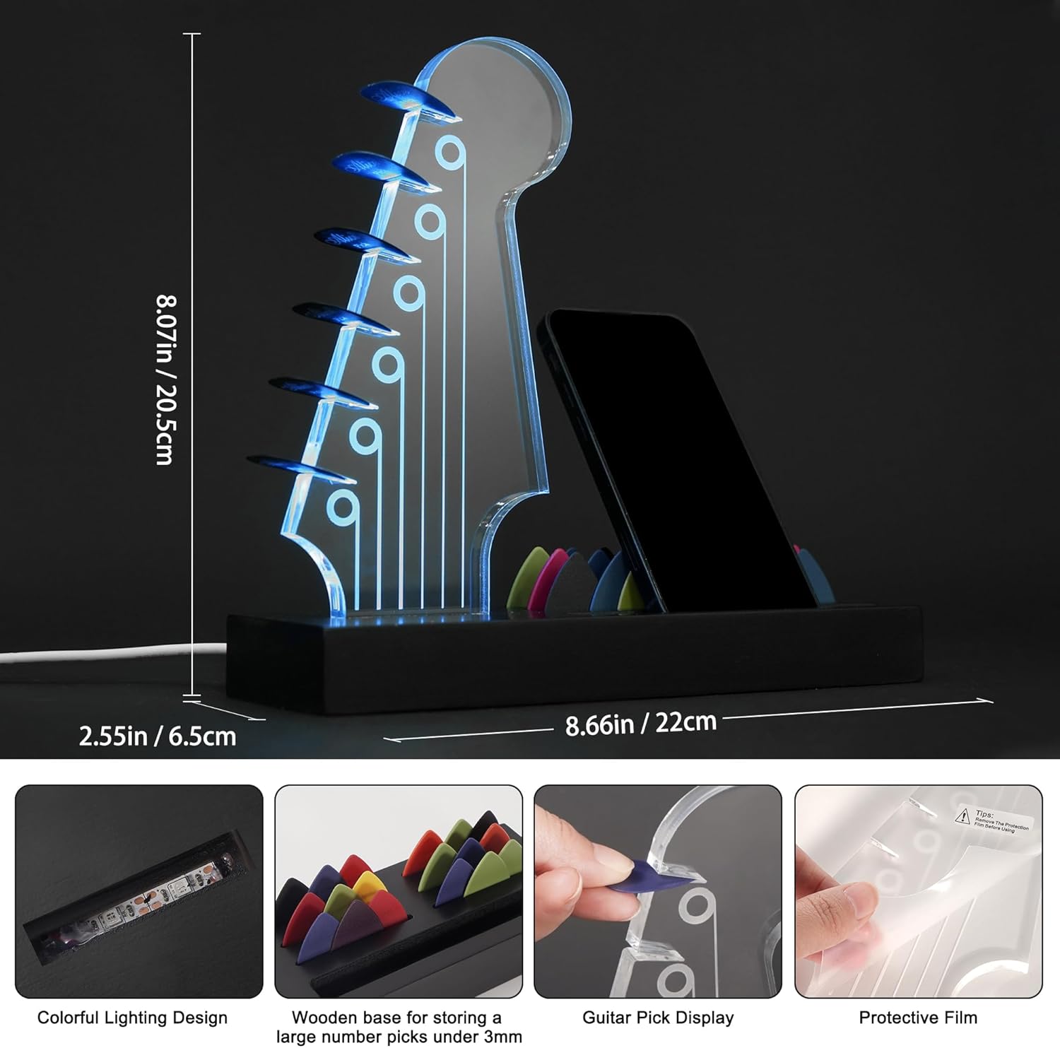 Light Up Guitar Pick Holder—Electric Guitar Headstock Design with 7-Color Changing Lights,Gifts for Music Lovers,Guitar Pick Display and Storage With Wooden Base&Phone Stand,Guitar Accessories.