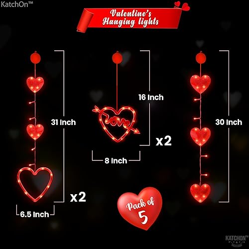 Miniatura 2 de KatchOn, Luces de ventana para el día de San Valentín, paquete de 5, grandes de 31 pulgadas, luces rojas en forma de corazón con ventosa, luces de