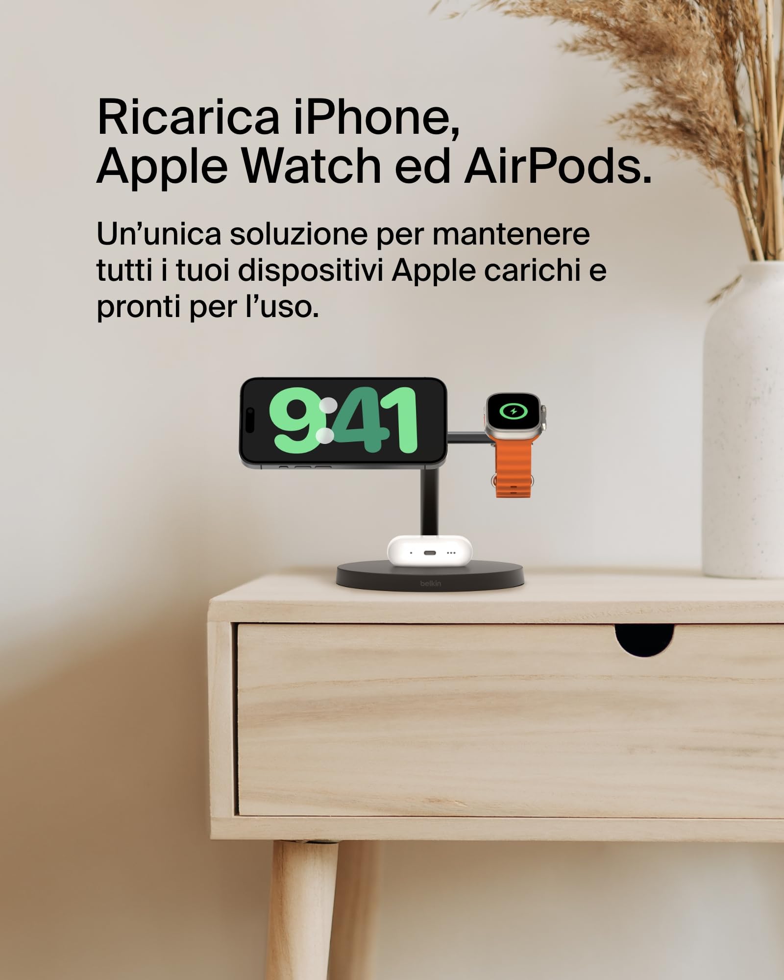 Belkin BoostCharge Caricatore 3 in 1 con Qi2, base di ricarica wireless compatibile con MagSafe, caricatore iPhone 17, Air, Pixelsnap, Apple Watch e AirPods, alimentatore incluso - Nero