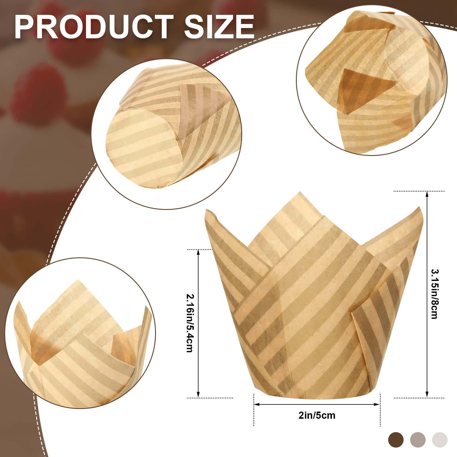 Chengu 400 Pcs Tulip Cupcake Liners Baking Cups Tulip Muffin Liners Wrappers Greaseproof Baking Cups Holders for Christmas Wedding Birthday Baby Shower Party Supplies(Beige, Brown Stripes)