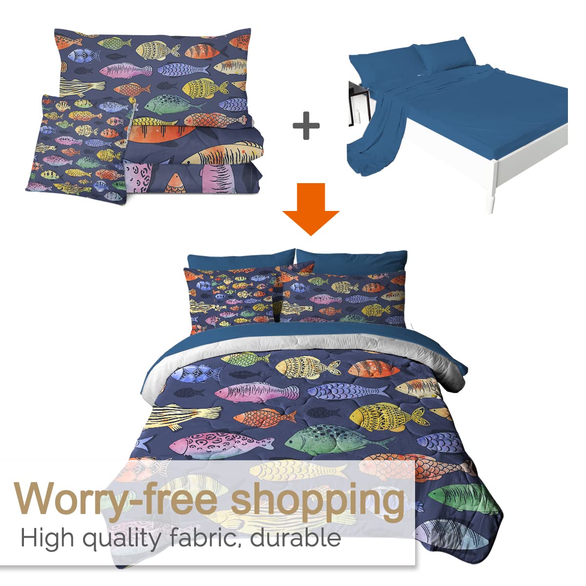 BlessLiving Watercolor Drops Bed In A Bag - 8 Piece Full Size Comforter Set For Kids & Girls