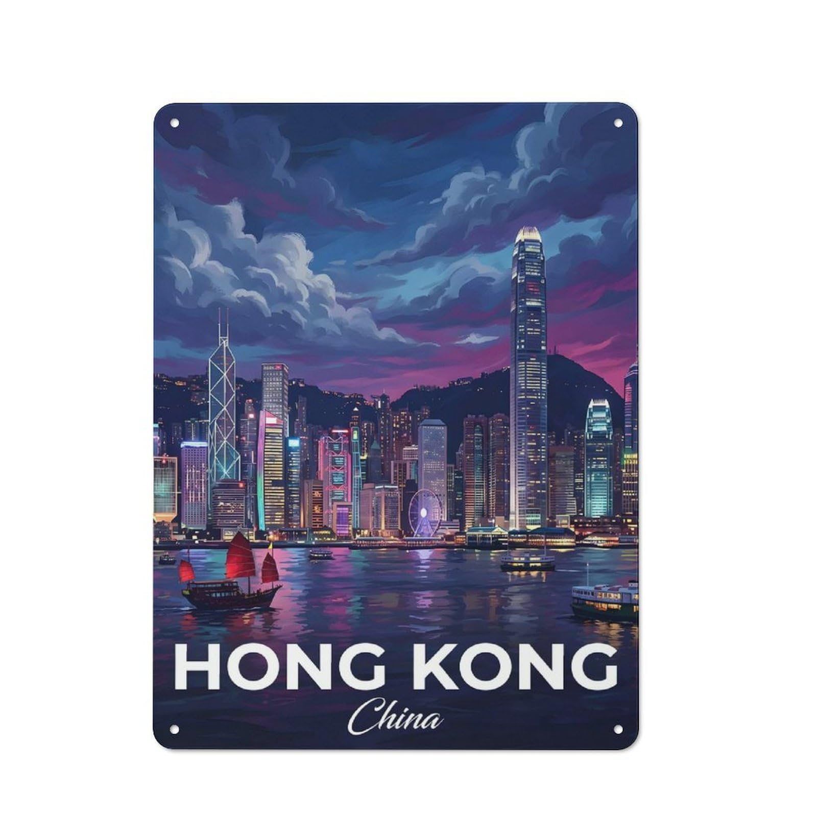 Hong Kong Skyline at Dusk Distressed Look Metal Wall Decor 40x30cm, Vintage Tin Sign for Living Room, Hallway, Kitchen Or Cafe