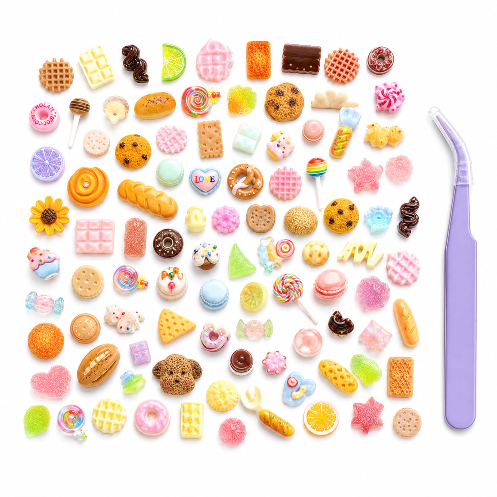 100 PCS Slime Charms, Food Themed Resin Charms Set with Tweezer, Mini Cute Flatback Charms in Cookie, Candy, Bread Shapes, for Phone Case Decoration, Scrapbooking, Junk Journal, DIY Crafts, Resin Art