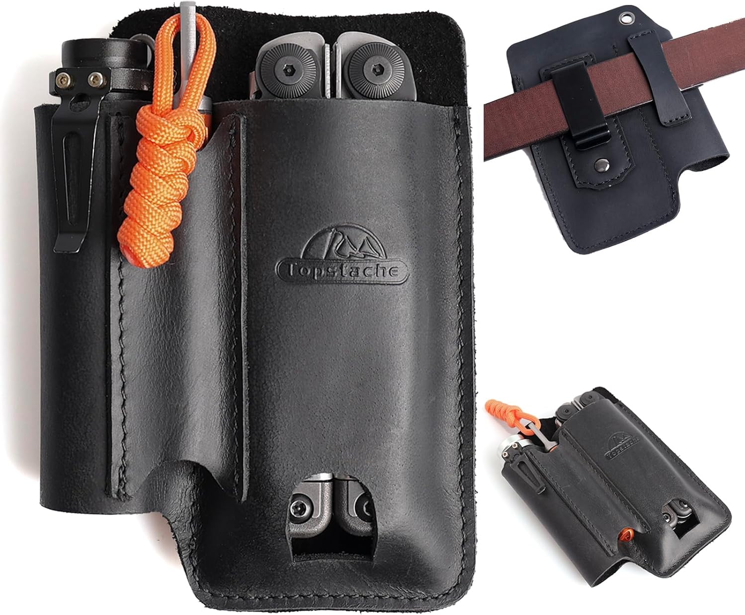 Topstache Leather Multitool Sheath with Belt Clip - Leather Multitool Pouch for Belt - EDC Belt Organizer - Multitool Holster Fits Multitool, Flashlight, Pen - Leather Multitool Holder - Black