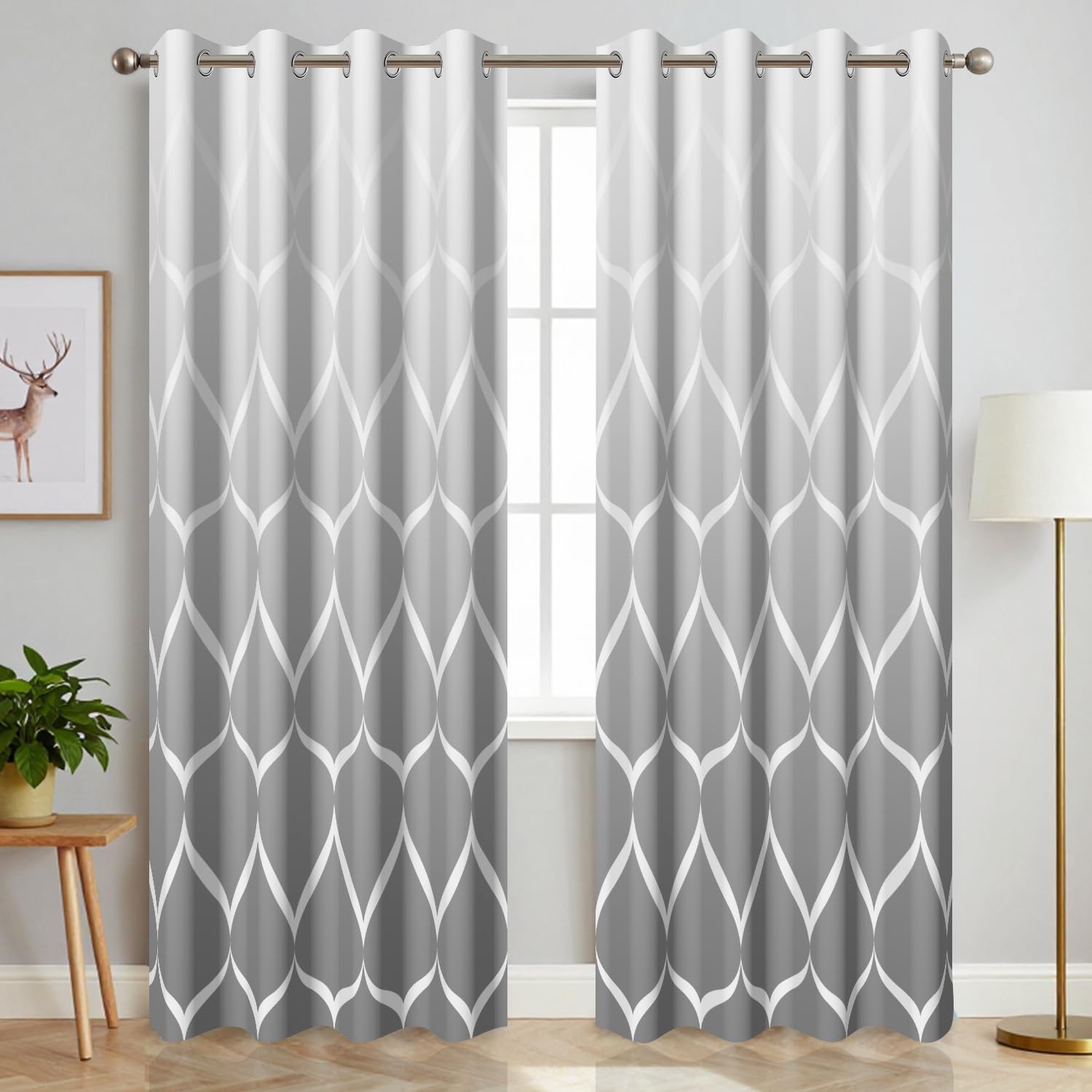Blackout Curtains 84 Inches Long Thermal Insulated Grommet Drapes Curtains for Bedroom Living Room, Grey White Ombre Modern Moroccan Abstract Geometric Neutral Patterned Decorative Curtain