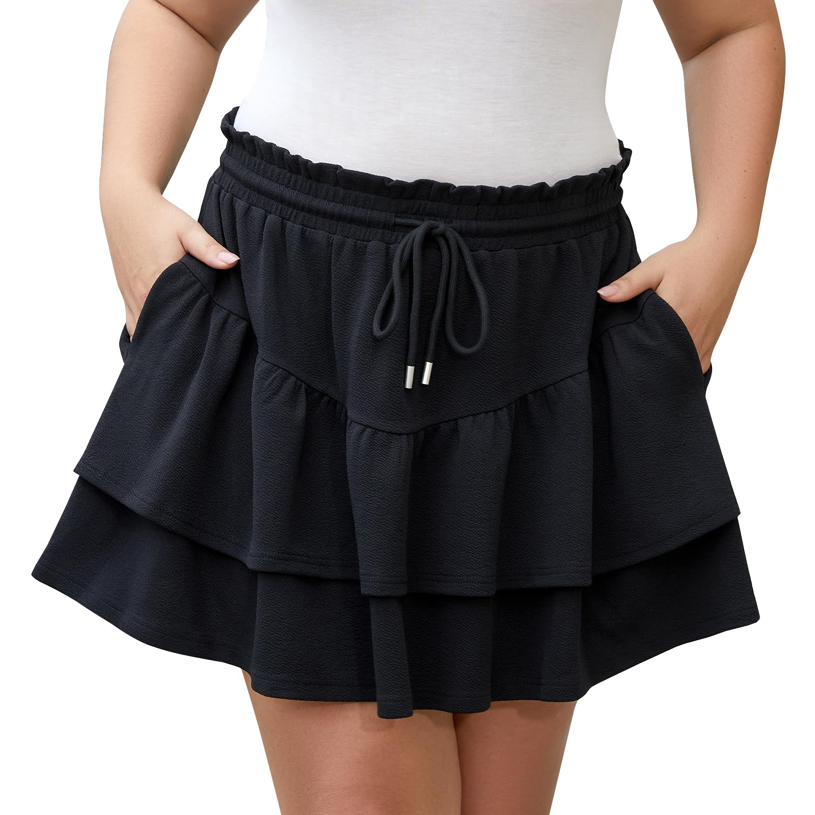 LOUSGUTA Minifalda negra con volantes para mujer, con vuelo, de cintura alta, para verano, casual, con bolsillos