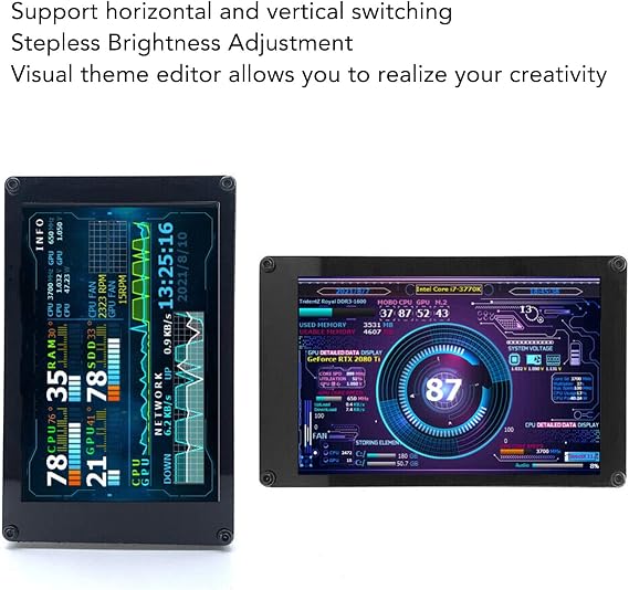 PC CPU HDD Data Monitor, 3.5in Computer Temperature Display with Holder, Live Readouts GPU Internet Speed Weather Visual Theme Editor, USB Computer Temp Monitor for RasPi, for