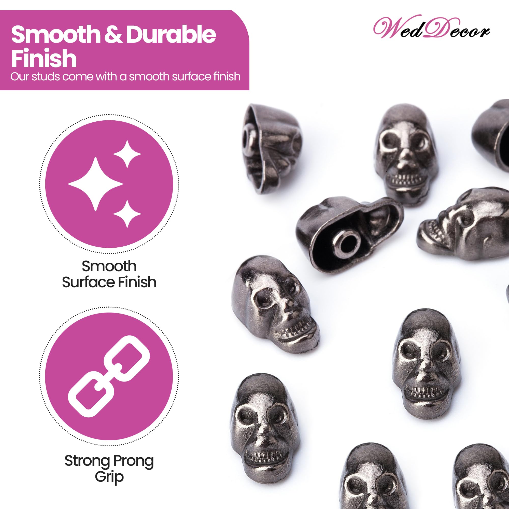 WedDecor 9 mm x 15 mm, 400 piezas de tachuelas de calavera con pines y troqueles de fijación con kit de almacenamiento, kit compatible con máquina verde para cuero, ropa, chaquetas, zapatos, bolsas y