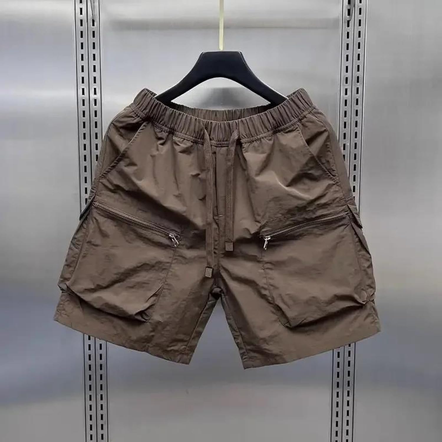 Men's Retro Cargo Shorts Summer Solid Color Loose Straight Leg Drawstring Multi-Pocket Casual Shorts