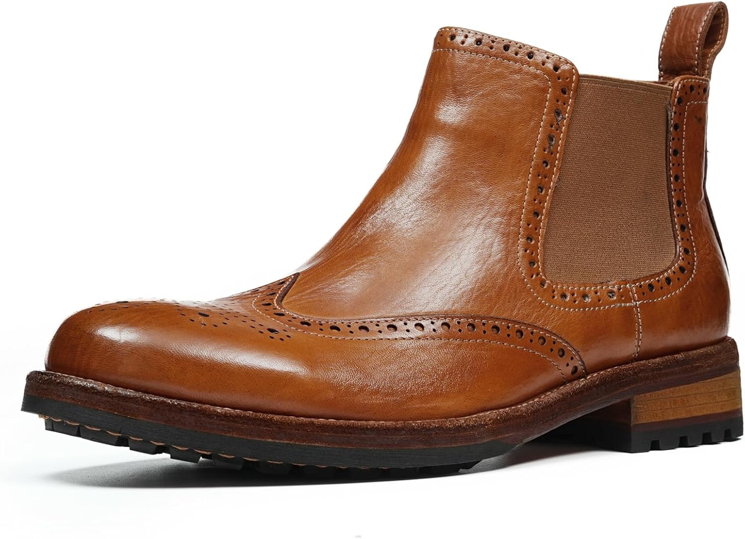 Men’s Full-Grain Cowhide Chelsea Boots Handcrafted Leather Pull-On Boots with Wingtip Medallion & Elastic Gore M30H-3