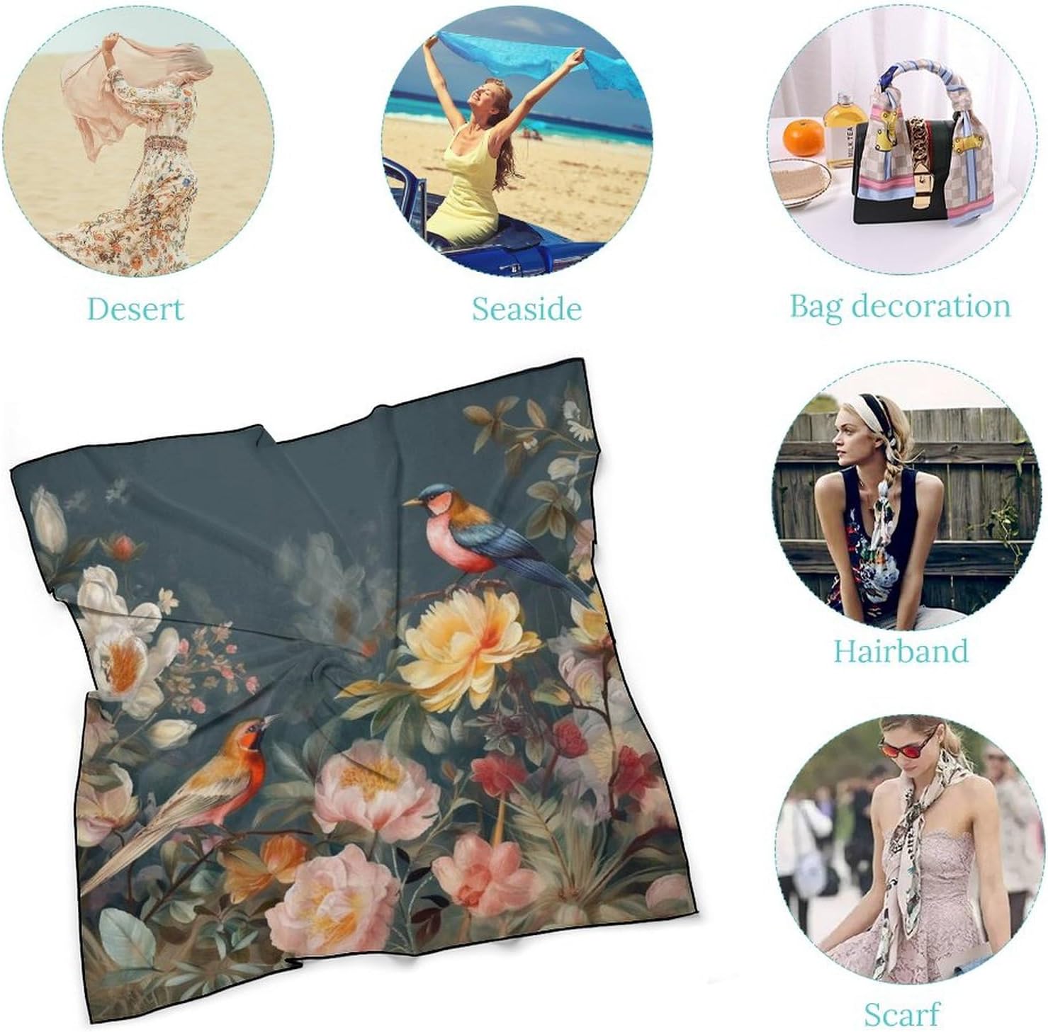 Stylish Flowers Birds Printed Silk Scarves for Men & Women - Fashion Neck Warmer, Windproof Face Scarf. 27x27 Inches.
