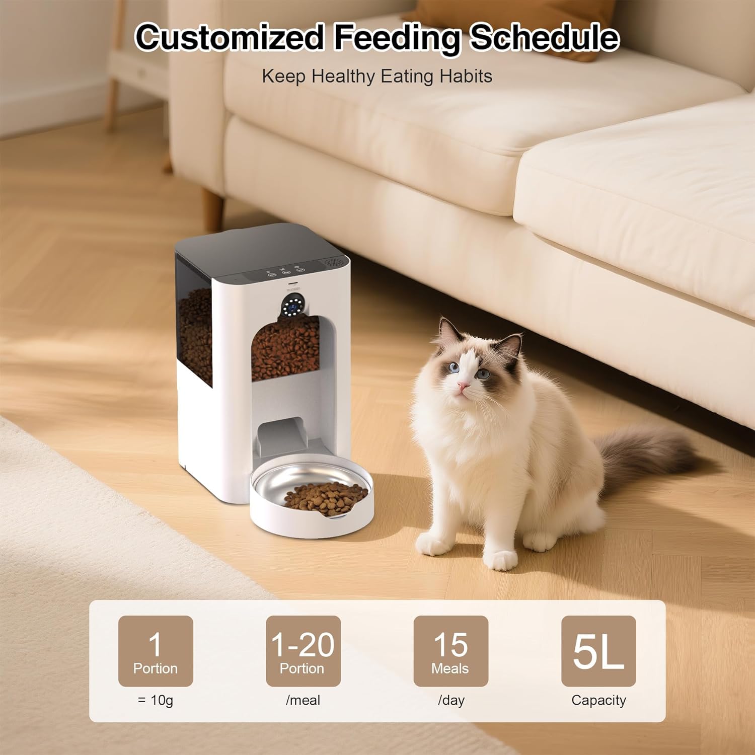 Smart Automatic Cat Feeder with 1080P Camera & Laser Toy, 5G WiFi 5L Pet Feeder for Cats & Dogs, Night Vision, Motion Detection, 2-Way Audio, APP Control, Timed Dry Food Dispenser - image 2