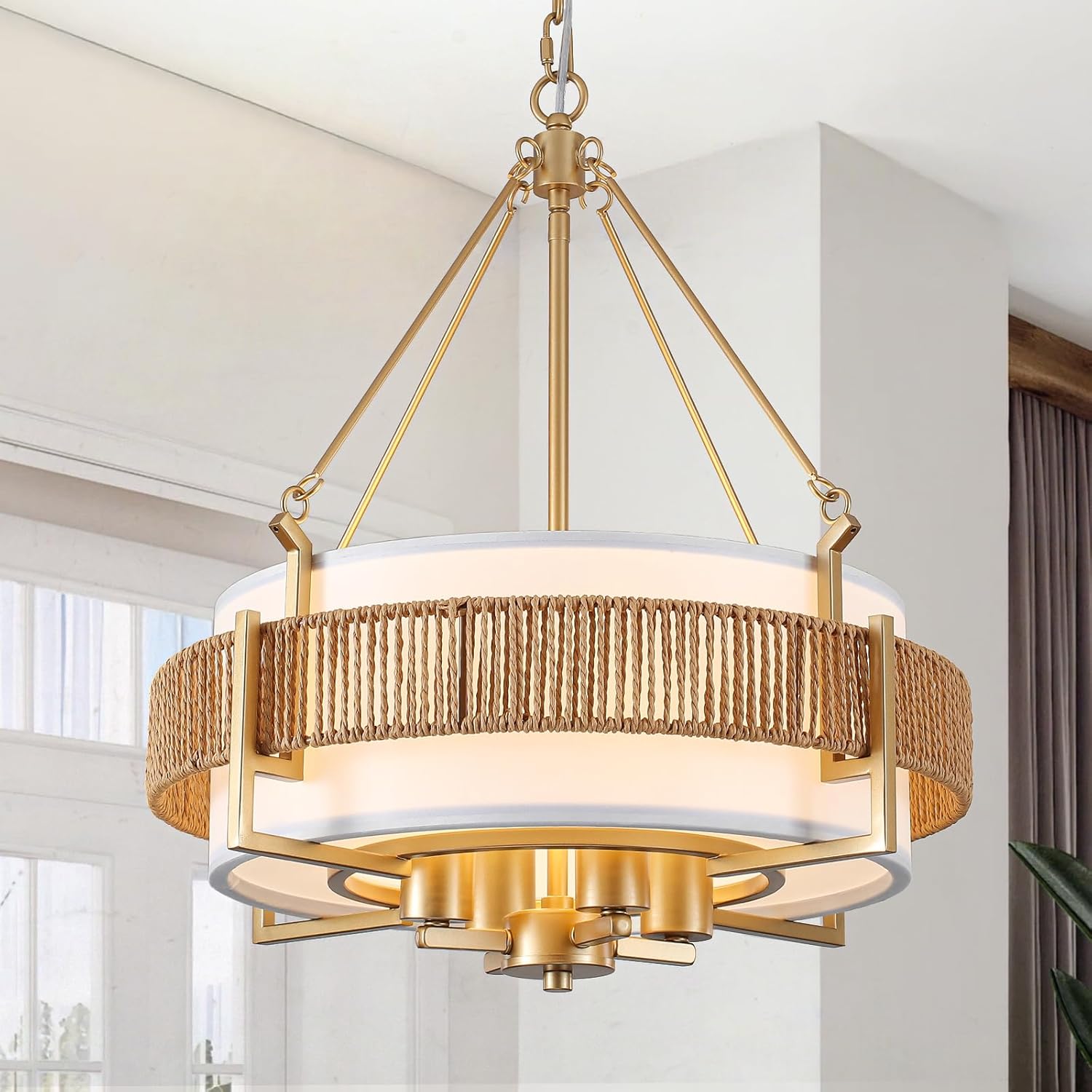 18.7'' Farmhouse Rattan Chandelier,4-Light Farmhouse Boho Drum Chandeliers with Fabric Shade,Modern Brushed Gold Chandelier for Dining Room Living Room Kitchen Island Hallway Foyer